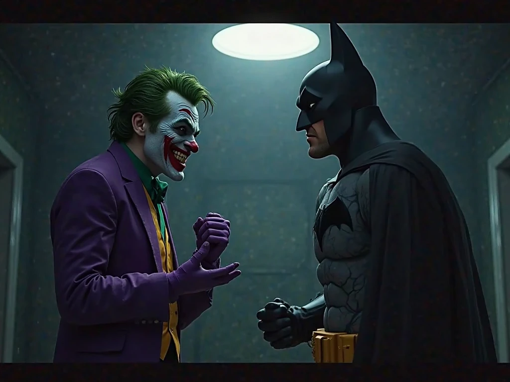 batman with his back looking in the mirror but his reflection in the mirror is not batman but it is the Joker laughing he became the reflection in the mirror