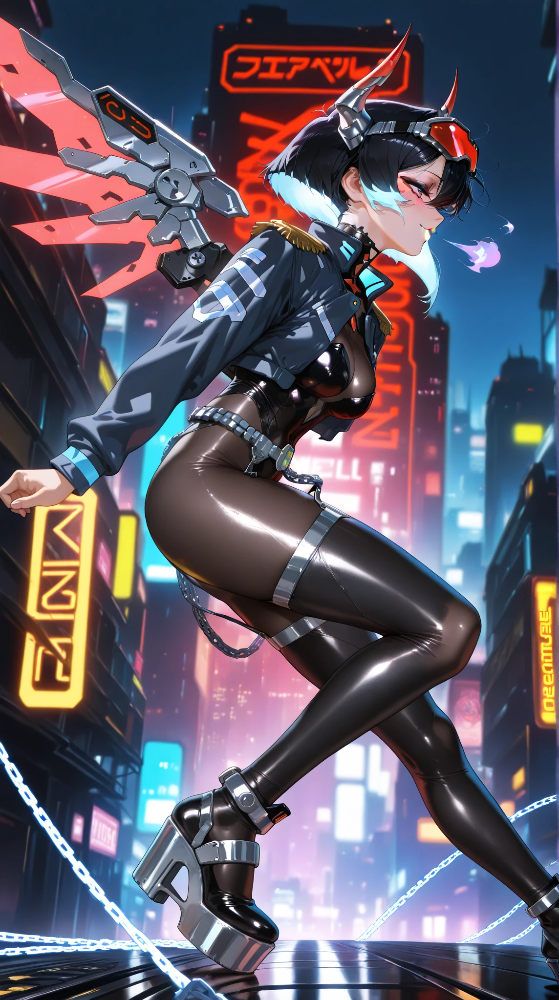 (short black hair),(blue eyes), (Detailed illustrations,Very detailed and detailed drawing,Delicate lines with slow and rapid),[Color tressed main line],[Briefing Room Background],([HENTAI] ANIME (JapaneseGirl (Beautiful fece) Cyborg 17 years old) [Wild Hair]) well-muscled [[KARATE]] Both arms of the machine [Built-in V8 engine:0.3],(Black leather jacket) ([a tiger] Translucent rubber inner) [Tiger Stripe],[[Chrome coating:0.5]],(Science Fiction Mechanical [Bioengineering]),(Intricate and beautiful decoration [Dense detail]),(Fine and beautiful skin expression [Transparency]),[Perfect eye details (Iris beautifully drawn in every detail)[Jewel-like eyes]],[long and beautiful eyelashes],[Meticulously drawn hair [More on beautiful and shiny hair]],(Perfect hand details [Beautiful fingers without breakdowns [Beautiful nails]]),(Perfect Anatomy (Perfectly proportioned)) [[Full body like]],[Ideal color coordination(Accurate simulation of light-material interactions)],(HighQuality,[Precision Detail] hight resolution,(detaileds,high-detail)),[Visual art that conveys a sense of narrative].