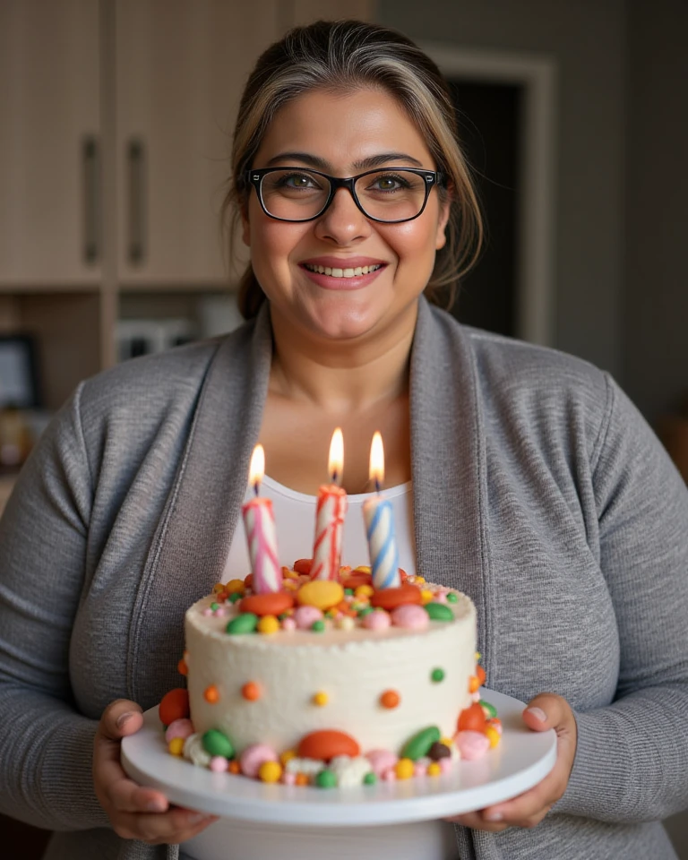 60 years old brunette woman wearing long dress celebrating birthday, torta, balloons and other party decorations