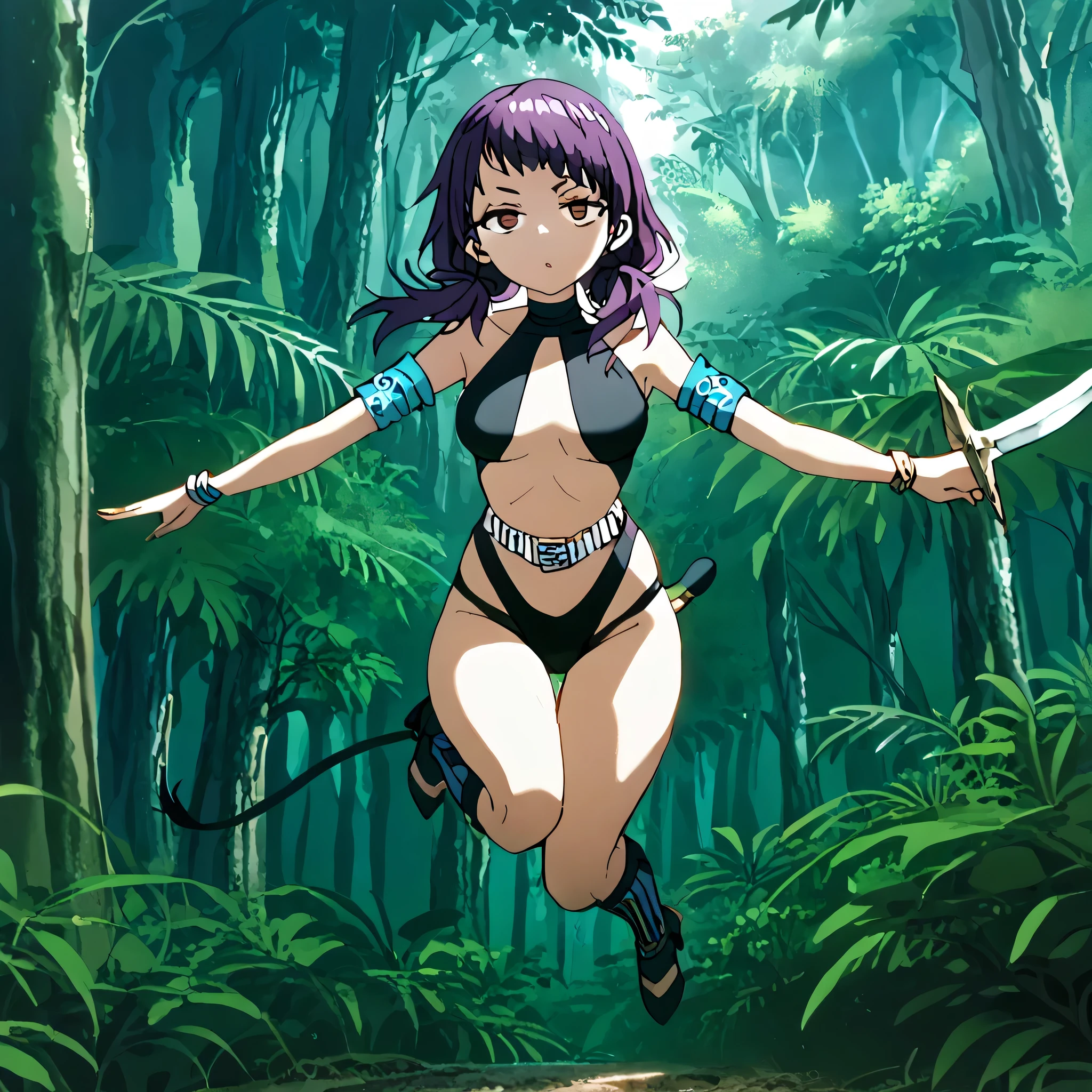 surmar, 1woman, (((tanned skin))), tribal headdress, tucked away violet hair, blue eyes, metal collar, (tigerprint bikini), ((leopardprint skirt)), bracelets, feathers accessories, ((holding a hatchet)), abs, navel, jungle background, <lora:lirhyz:0.7>, 8k, 16k, trending on pixiv, fanbox, skeb, masterpiece, detailed face, digital painting,