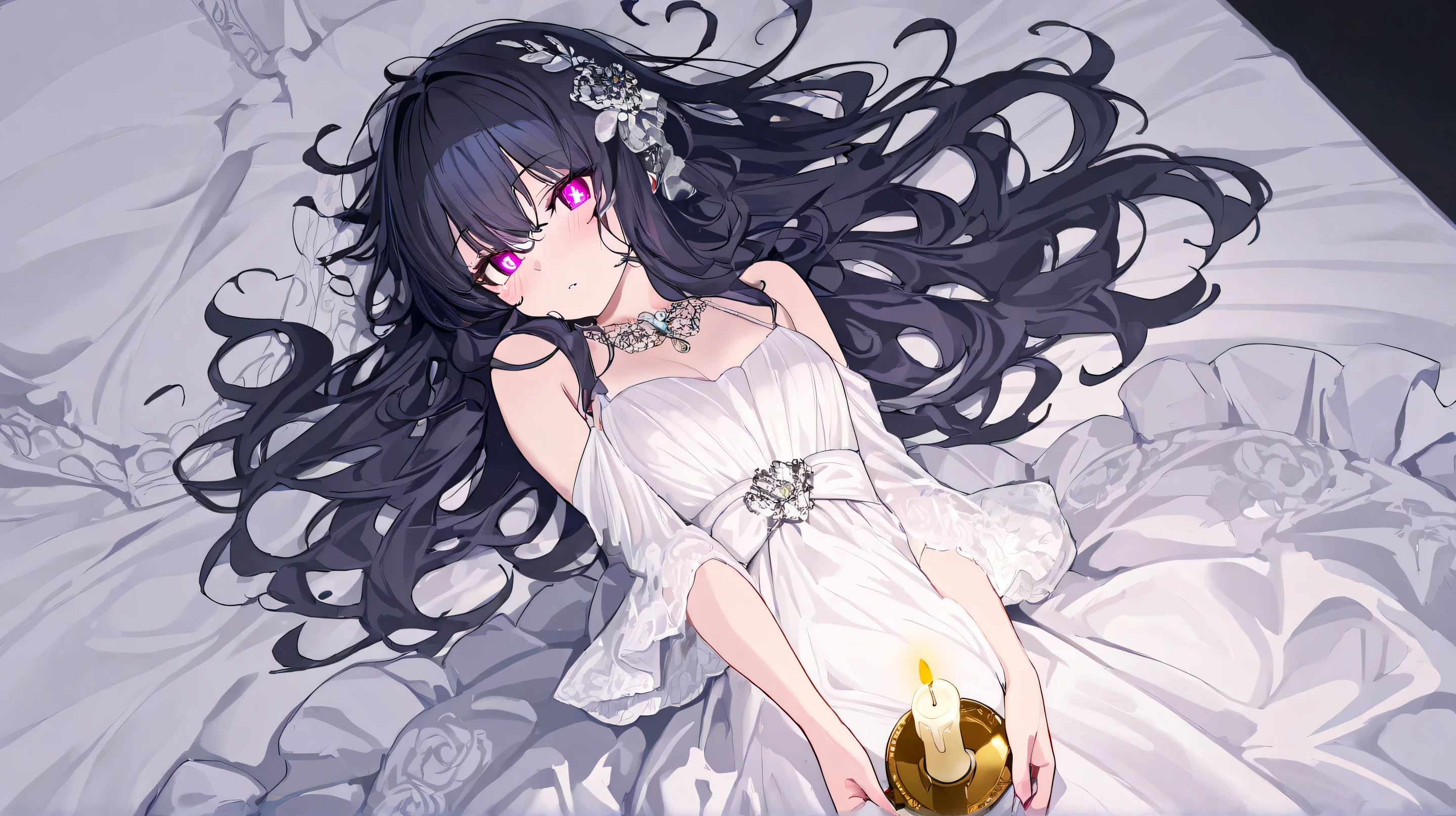 Masterpiece, Best Quality, Top Quality, Very Detailed, A stunningly elegant young woman with long, wavy dark hair, holding a delicate candle in the dim light. She wears an intricately detailed silver and white gown with lace and gemstone embellishments, exuding an air of royalty. Her deep, captivating eyes reflect the candle's soft glow, adding a mysterious and ethereal quality. The background fades into darkness, emphasizing the contrast between light and shadow. A poetic quote appears subtly in the background, enhancing the dramatic and thought-provoking atmosphere.