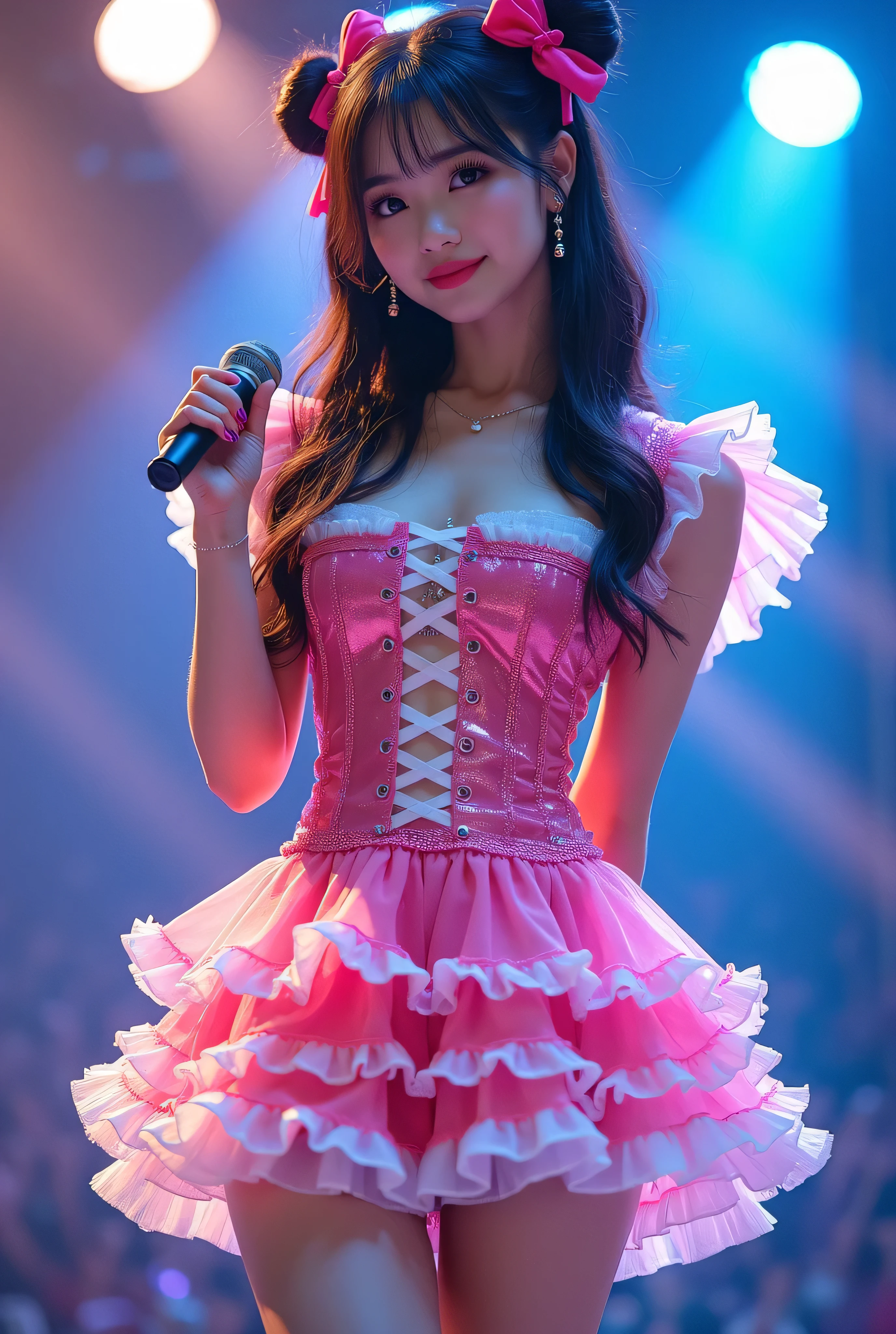 Create a highly detailed, realistic image of a young woman with long, dark hair styled with two small pink bows on either side. She is wearing a vibrant and transparent shinning glossy pink short dress that has a layered, frilly design with white ruffled edges on the sleeves and neckline. The dress has intricate lace-up details on the front, with white ribbons crisscrossing over the bodice. A large, white bow is tied around her waist, and the skirt is layered with multiple ruffles, alternating between white and pink frills. The upper part of the dress has a mix of white and blue accents, especially around the shoulders, giving it a lively, idol-like appearance. The girl’s expression is cheerful and playful, with a radiant smile, captured both in performance and posing with a slightly pensive look. Ensure that her outfit appears shiny and glossy, reflecting stage lights, and incorporate a vivid, performance-like atmosphere in the background. Some Lights shooting around, she hold microphone, head thighs portrait,