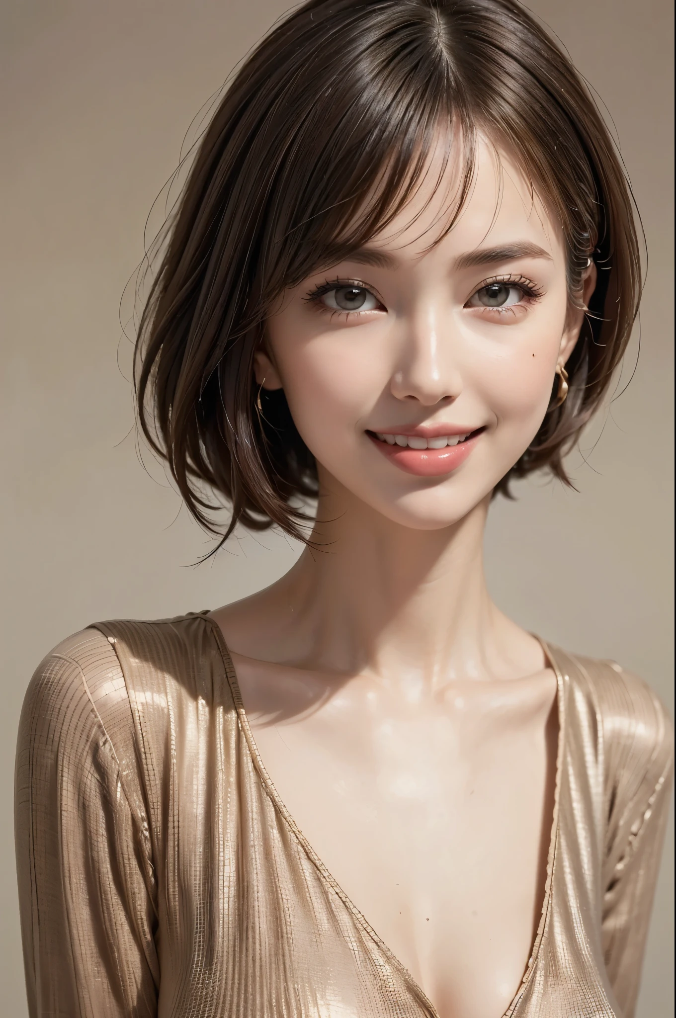 (1. Beautiful Woman, Supermodel), (Perfect Anatomy), Anatomically correct body shape, (Cowboy Shot), Golden Ratio, (Best Quality:1.4), 32k resolution, (Realistic:1.5), (超Realistic:1.5), High resolution UHD, (masterpiece:1.2)), (Improved quality:1.4), (Very beautiful facial details), (Grin), (Best QualityのRealisticな肌のテクスチャ), ((Random color silk dress:1.37)), Big earrings, necklace, (Huge breasts:1.3), (thigh), (Huge Ass), Accurate Fingers, Very detailed, Beautiful Eyes, Double eyelids, eyelash, Shaping your eyebrows, ((Very detailed)), Red cheeks, Ultra-realistic eyes, Perfect Lips, Perfect Eyes, Perfect Iris, Natural Makeup, [Pink lipstick], ((A great eye for quality:1.2)), (Beautiful Lips:1.33), (Great nose:1.2), (brunette pixie cut), ((Realistic)), ((Sharp focus)), (Highest Resolution), ((The most ridiculous quality)), ((masterpiece)), Professional Cinema Lighting
