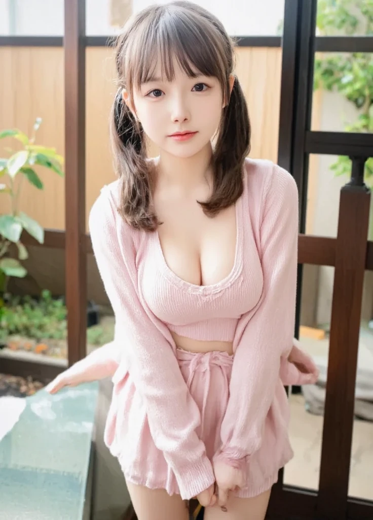 Highest quality、Cleavage、Big Breasts、Facing forward、slouch、Pink pajamas、Twin tails、Brown Hair