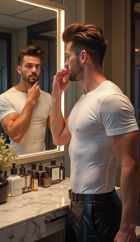 He quickly went to the bathroom mirror, removed his shirt,)
