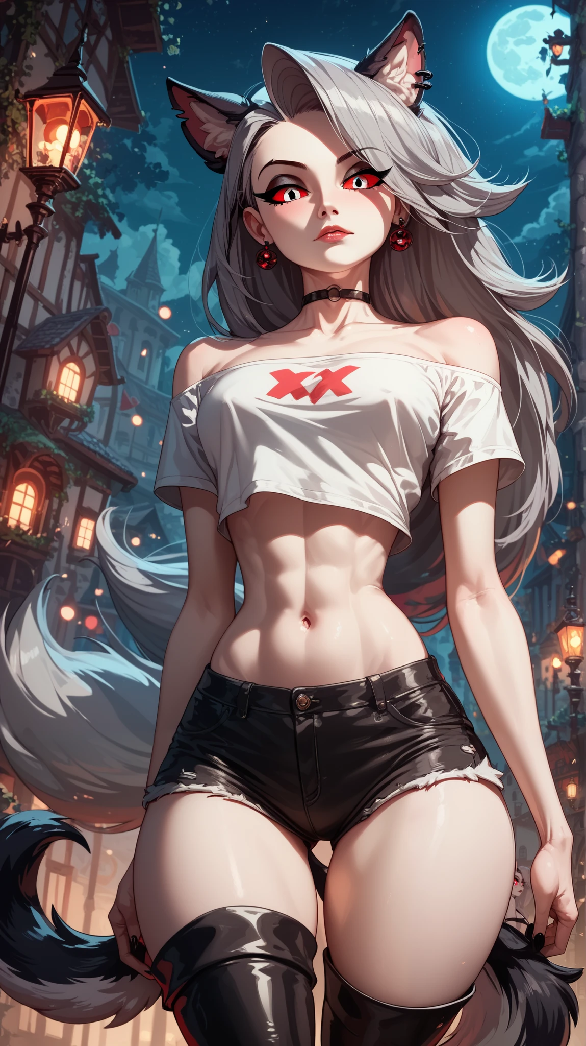 perfect eyes , perfectly sexy face , extremely detailed, looking at the viewer, red eyes, loona, hazbin hotel, wide hips, animal ear, animal ears, tail, shorts, thigh boots, short top, apenas_shoulder, Fantasy, night, standing,
