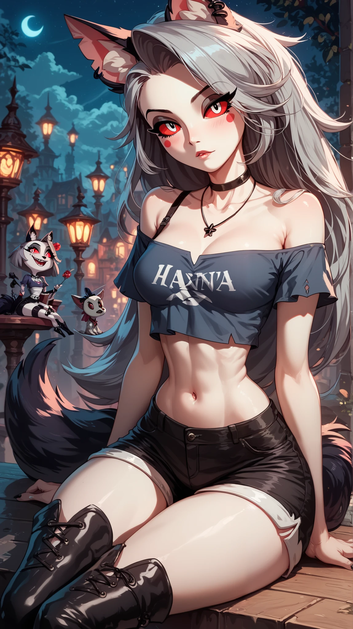 perfect eyes , perfectly sexy face , extremely detailed, looking at the viewer, red eyes, loona, hazbin hotel, wide hips, animal ear, animal ears, tail, shorts, thigh boots, short top, apenas_shoulder, Fantasy, night, sitting,