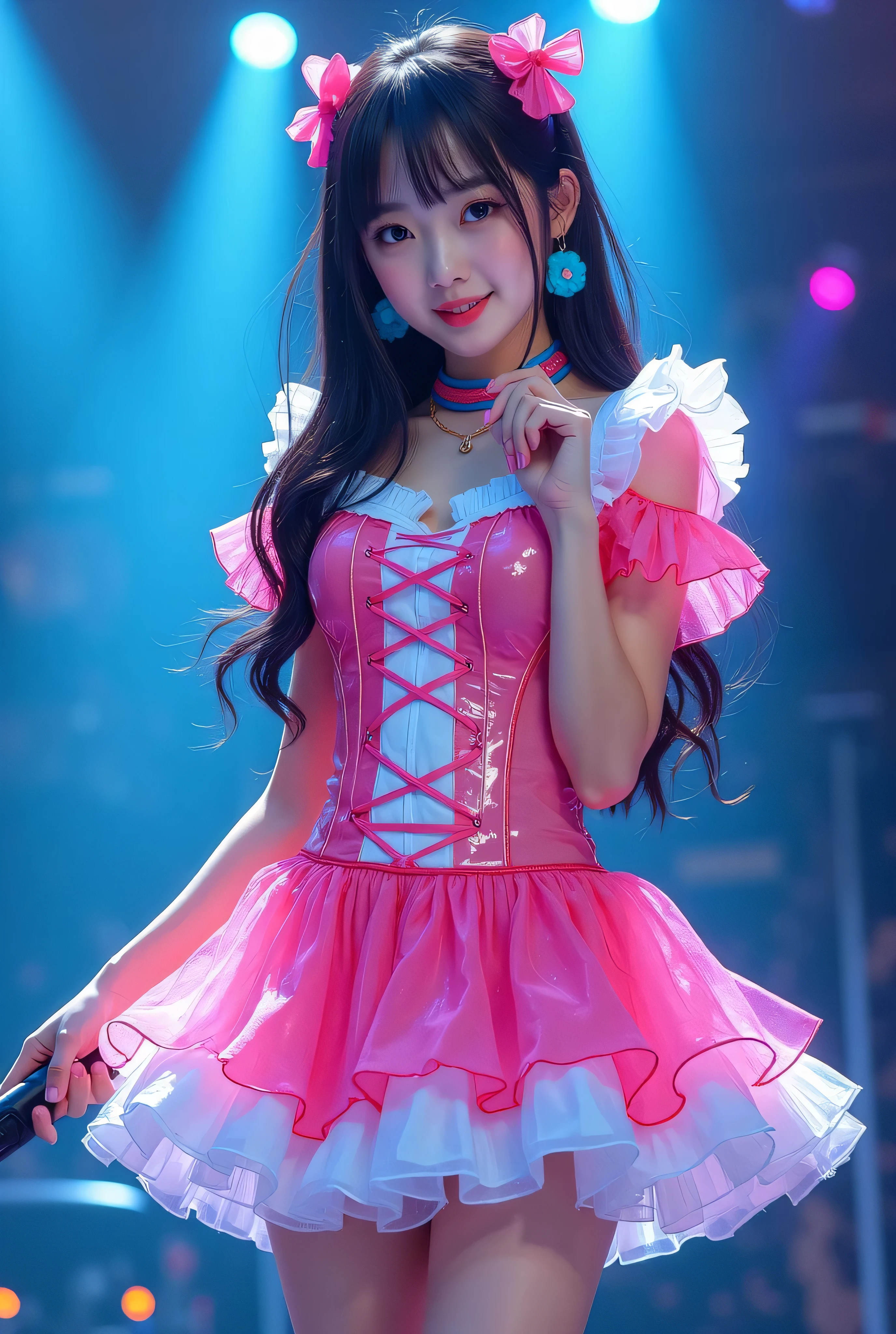 Create a highly detailed, realistic image of a young woman with long, dark hair styled with two small pink bows on either side. She is wearing a vibrant and transparent shinning glossy pink short dress that has a layered, frilly design with white ruffled edges on the sleeves and neckline. The dress has intricate lace-up details on the front, with white ribbons crisscrossing over the bodice. A large, white bow is tied around her waist, and the skirt is layered with multiple ruffles, alternating between white and pink frills. The upper part of the dress has a mix of white and blue accents, especially around the shoulders, giving it a lively, idol-like appearance. The girl’s expression is cheerful and playful, with a radiant smile, captured both in performance and posing with a slightly pensive look. Ensure that her outfit appears shiny and glossy, reflecting stage lights, and incorporate a vivid, performance-like atmosphere in the background. Some Lights shooting around, she hold microphone, head thighs portrait,