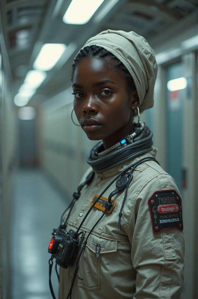 (medium full shot) of (bold ghostbuster) young woman, african, dark skin, black eyes, petite build, medium brown side-swept bangs hair, wearing a blue jumpsuit, equipped with carrying a PKE meter, nametag with "Zeddemore", set in a quiet city street, with empty sidewalks, streetlights casting long shadows, and a haunting stillness, at night, woman smiling, Masterpiece,best quality, photo, realistic, very aesthetic, detailed face,