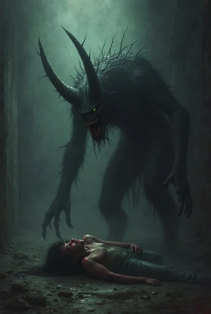 A half-man, half-goat demon is eating the brains of an injured human. 