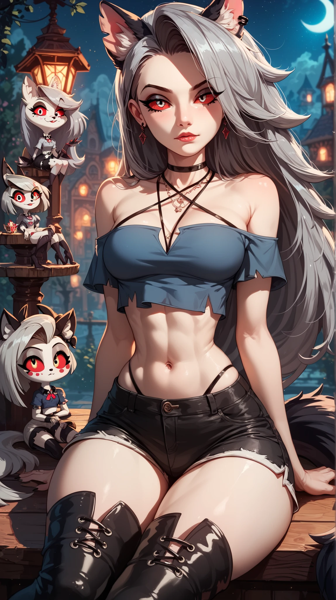 perfect eyes , perfectly sexy face , extremely detailed, looking at the viewer, red eyes, loona, hazbin hotel, wide hips, animal ear, animal ears, tail, shorts, thigh boots, short top, apenas_shoulder, Fantasy, night, sitting,