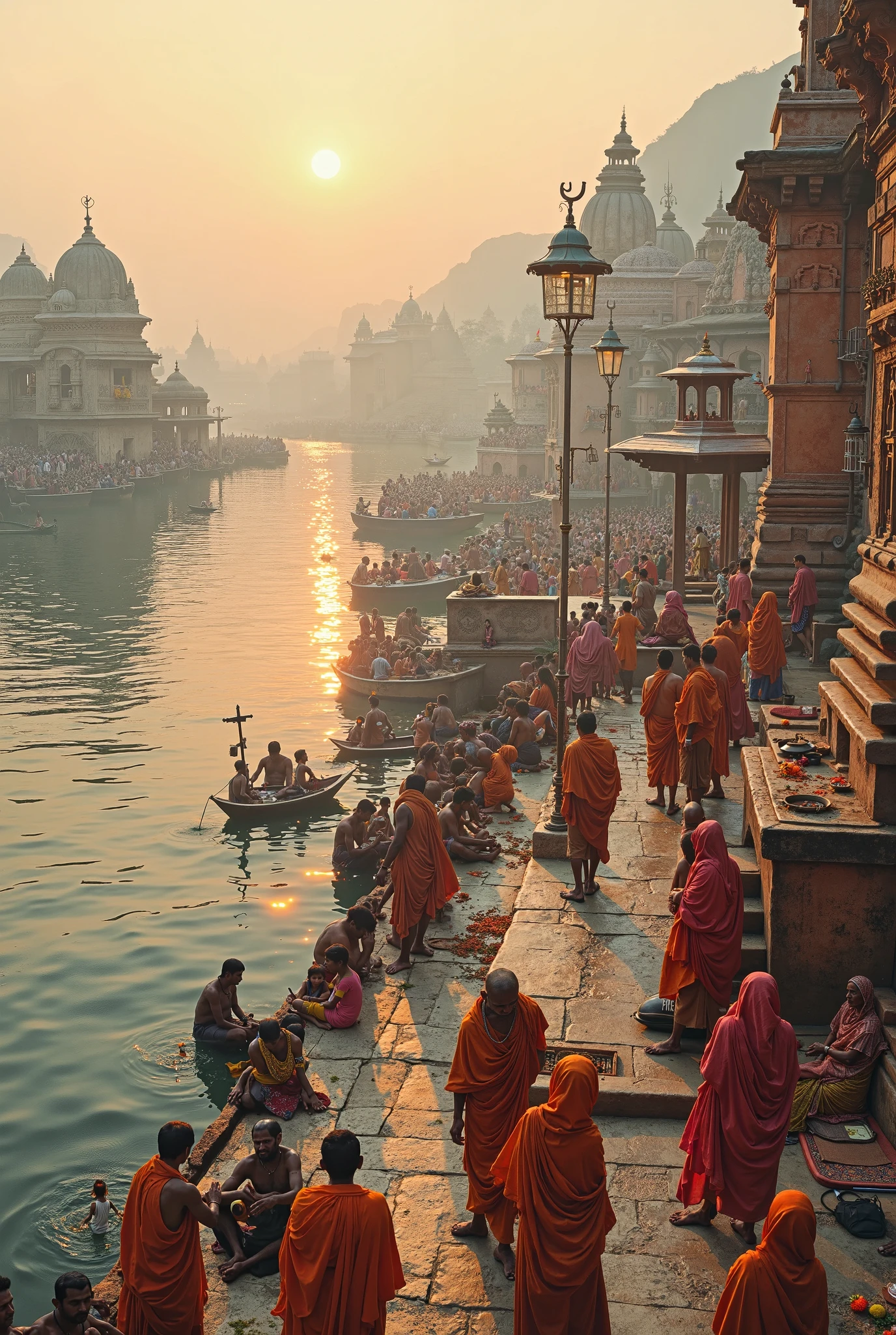 photograph a group of indian people in many colorful typical dresses are gathered at the edge of Ganges river, in India, (at sunset:1.3), golden hour, festivities, hinduism, holy bath, hinduist festivity, photorealistic, travel photography, (National Geography style:1.4), high definition, highest details, 8k, masterpiece, incredible light, 50mm . cinematic 4k epic detailed 4k epic detailed photograph shot on kodak detailed cinematic hbo dark moody, 35mm photo, grainy, vignette, vintage, Kodachrome, Lomography, stained, highly detailed, found footage, cinematic still a group of indian people in many colorful typical dresses are gathered at the edge of Ganges river, in India, (at sunset:1.3), golden hour, festivities, hinduism, holy bath, hinduist festivity, photorealistic, travel photography, (National Geography style:1.4), high definition, highest details, 8k, masterpiece, incredible light . emotional, harmonious, vignette, 4k epic detailed, shot on kodak, 35mm photo, sharp focus, high budget, cinemascope, moody, epic, gorgeous, film grain, grainy, (masterpiece), (best quality), (ultra-detailed), a group of indian people in many colorful typical dresses are gathered at the edge of Ganges river, in India, (at sunset:1.3), golden hour, festivities, hinduism, holy bath, hinduist festivity, photorealistic, travel photography, (National Geography style:1.4), high definition, highest details, 8k, masterpiece, incredible light, illustration, disheveled hair, detailed eyes, perfect composition, moist skin, intricate details, earrings, by wlop