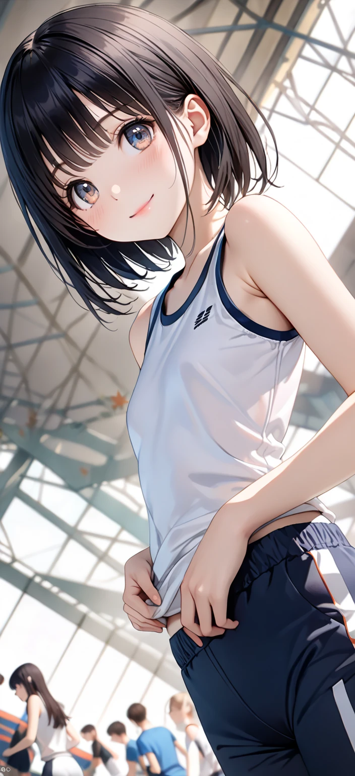 Japanese Athletics Club activities Outdoor Raise both arms wide Open legs Running Beautiful girl Black hair Short hair Small breasts Slim Beautiful legs Skin is delicate and beautiful White tank top Tank top is transparent White underwear Underwear is transparent Skin The underside of the breasts are visible The clothes are wet The belly button is exposed The whole body is sweaty The hair is wildly messy The hair is wet The shy expression View from directly below Armpit hair is growing