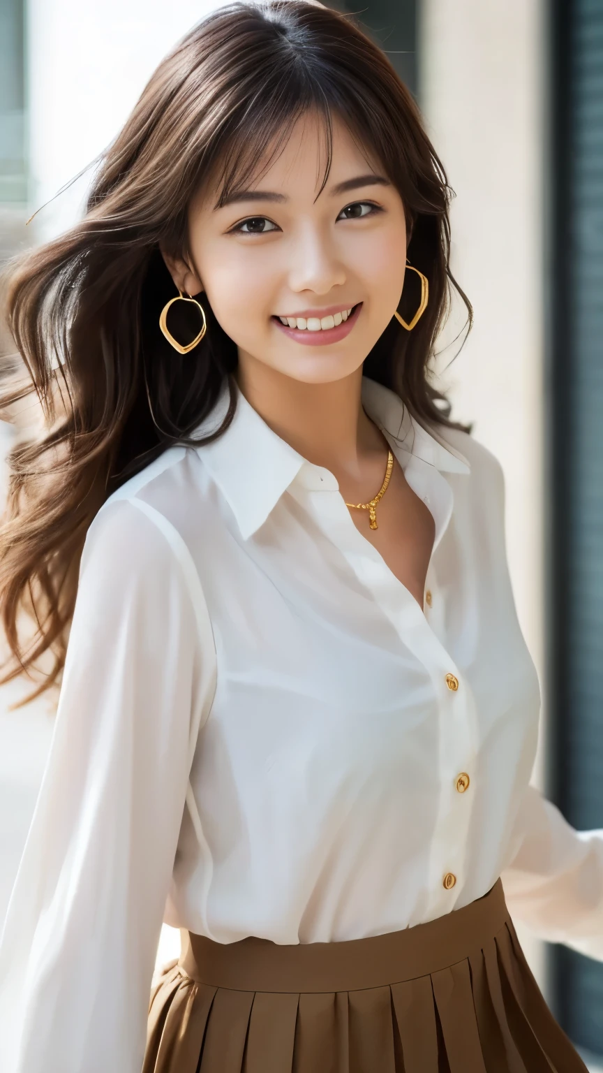 masterpiece, Highest quality, photorealistic, 超high resolution, fine-grained, high resolution, 8k Wallpaper, 1 beautiful woman,, Light Brown Disheveled Hair, wearing a business suit , sharp concentration, perfect dynamic composition, beautiful detail eyes, detailed hair , detailed realistic skin texture, smile, Closeup Portrait, model body type being committed in vs 、((Very long brown hair:1.2))、(( loose wavy hair :1.2)),((はにかんだsmile:1.3)),((gold necklace_big earrings:1.2)), full body shot 、(((Full-body supermodel standing, full body shot , show my whole body ))),(( White Long Sleeve Button Up Blouse_ with collar_Delete up to the second button_ brown pleated mini skirt :1.3)),((smileで_ running towards here_ Long Hair Fluttering :1.3))