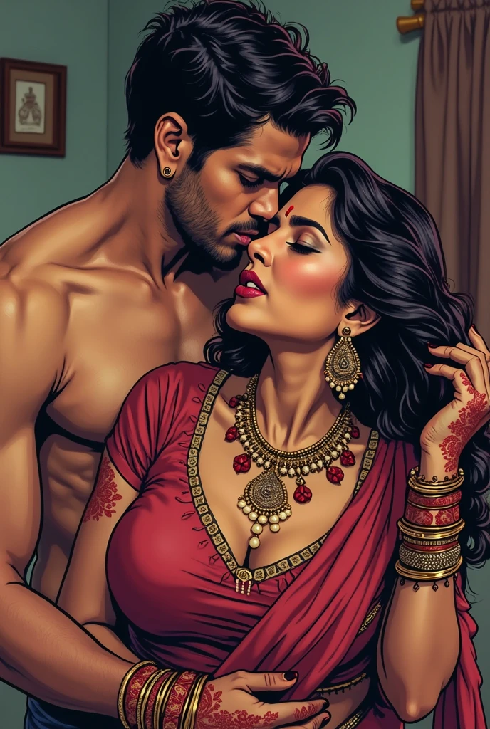 Comic illustration of beautiful Indian woman sridevi kapoor at her age of 40 wearing a pink glossy belly-dancer dress is posing along with the male king of Saudi Arabia who is wearing his typical white attire inma crowded informal night party, (NSFW),(detailed face and eyes),(large bust)