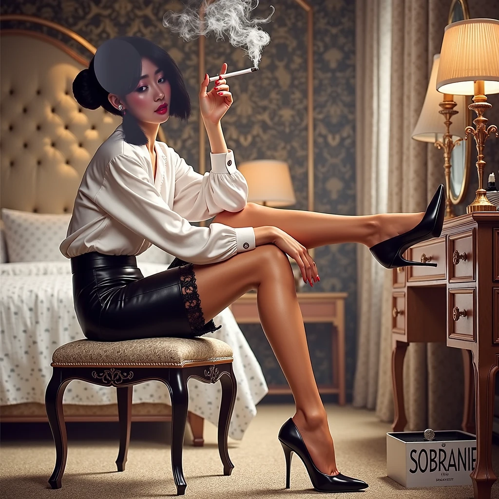 In this modern tri-x black and white photo, a image of a beautiful woman smoking in the tsmall oilet in a bar, she is sitting exuding a nonchalant air. She is wearing white underwear, with her slid down below her knees. Her crossed arms conceal her , Her gaze is directed upward, slightly leaning to the left. Her right arm rests on her legs, holding a beer bottle. Her left arm is bent, holding a cigarette with ashes at the end, and smoke rises above. Smoke forms a cloud above her mouth, adding She wears hair curlers and white big sunglasses, adding a retro and bold flair to her appearance. The focal point is a captivating close-up, highlighting her features and expression. She also wears high-heeled shoes, emphasis decadence The floor features tiled flooring, while the walls are made of brick, creating a rustic and urban atmosphere within the bar --auto --s2