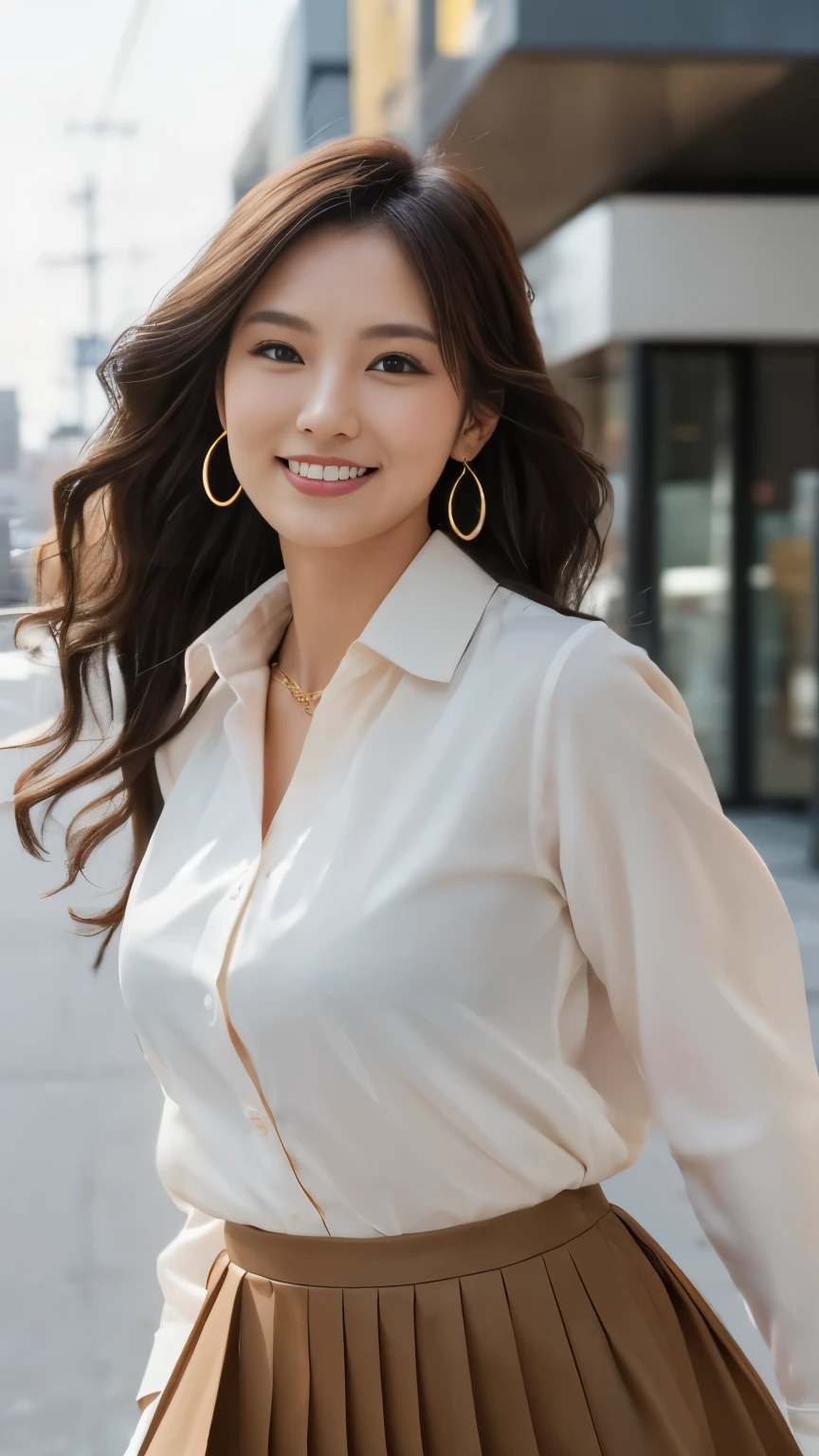masterpiece, Highest quality, photorealistic, 超high resolution, fine-grained, high resolution,  8k Wallpaper, 1 beautiful woman,, Light Brown Disheveled Hair,  wearing a business suit , sharp concentration, perfect dynamic composition, beautiful detail eyes,  detailed hair , detailed realistic skin texture, smile, Closeup Portrait,  model body type being committed in vs 、((Very long brown hair:1.2))、(( loose wavy hair :1.2)),((はにかんだsmile:1.3)),((gold necklace＿big earrings:1.2)),  full body shot 、(((Full-body supermodel standing,   full body shot ,   show my whole body ))),(( White Long Sleeve Button Up Blouse_ with collar_Delete up to the second button＿  brown pleated mini skirt  :1.3)),((smileで_ running towards here_ Long Hair Fluttering :1.3))