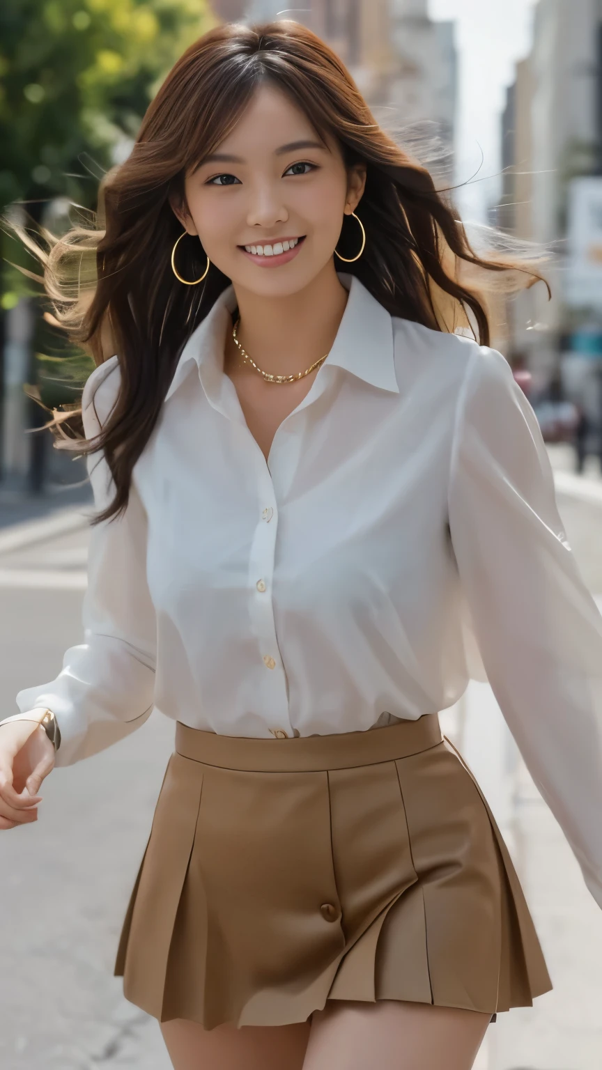 masterpiece, Highest quality, photorealistic, 超high resolution, fine-grained, high resolution, 8k Wallpaper, 1 beautiful woman,, Light Brown Disheveled Hair, wearing a business suit , sharp concentration, perfect dynamic composition, beautiful detail eyes, detailed hair , detailed realistic skin texture, smile, Closeup Portrait, model body type being committed in vs 、((Very long brown hair:1.2))、(( loose wavy hair :1.2)),((はにかんだsmile:1.3)),((gold necklace_big earrings:1.2)), full body shot 、(((Full-body supermodel standing, full body shot , show my whole body ))),(( White Long Sleeve Button Up Blouse_ with collar_Delete up to the second button_ brown pleated mini skirt :1.3)),((smileで_ running towards here_ Long Hair Fluttering :1.3))