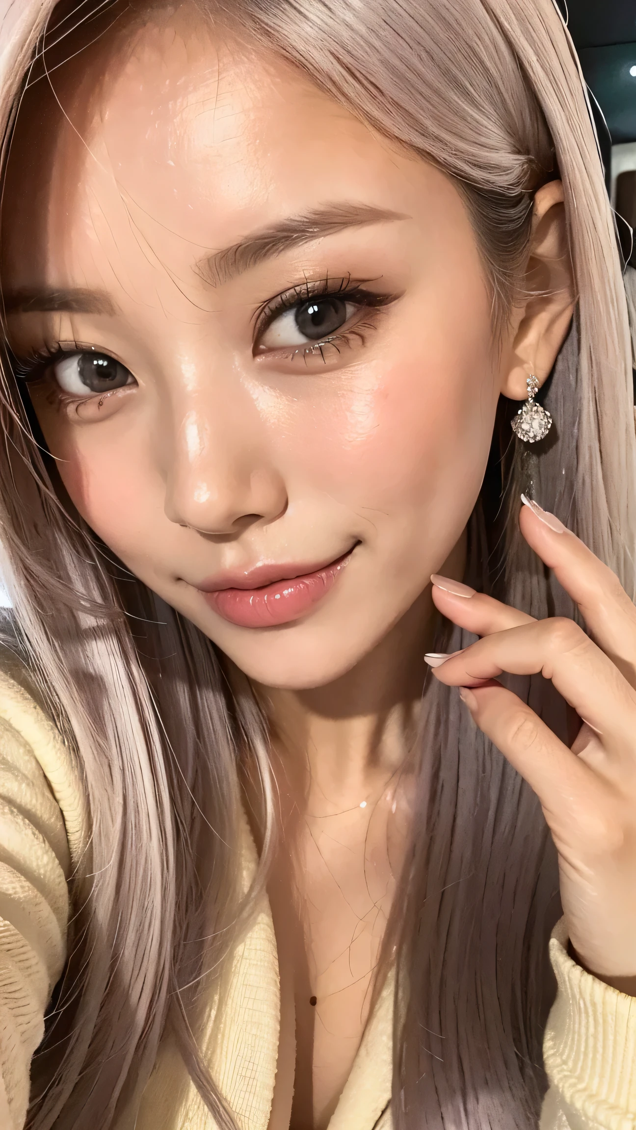 A close up of a woman with long hair and a yellow sweater - SeaArt AI
