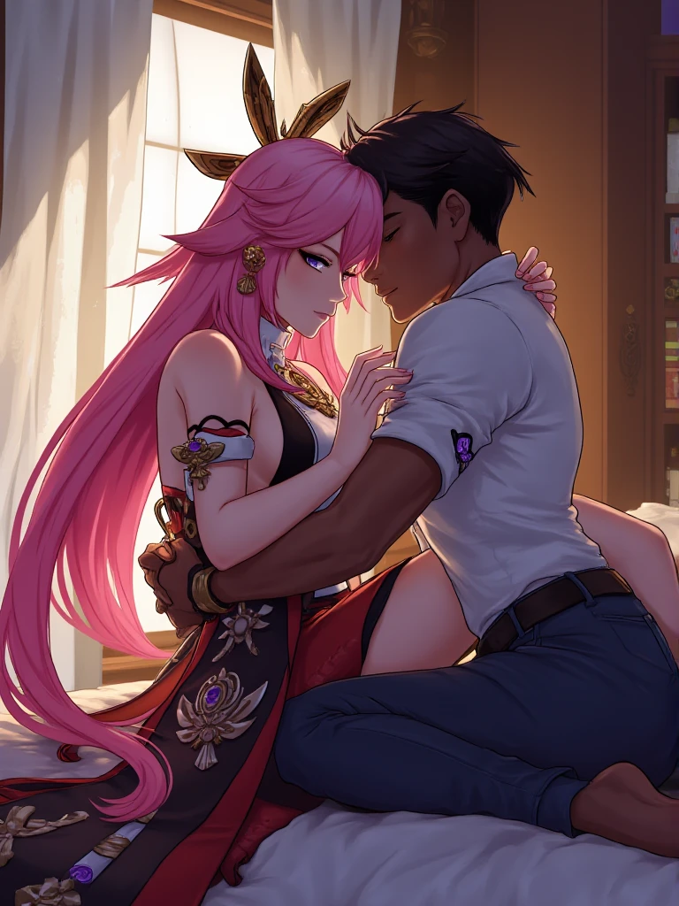 riamu,guts,couple,husband and wife,love dovey couple,sitting,hug,kiss,smile,(best quality,4k,8k,highres,masterpiece:1.2),mega-detailed,(,1.37),portraits,vivid colors,warm tones,soft lighting