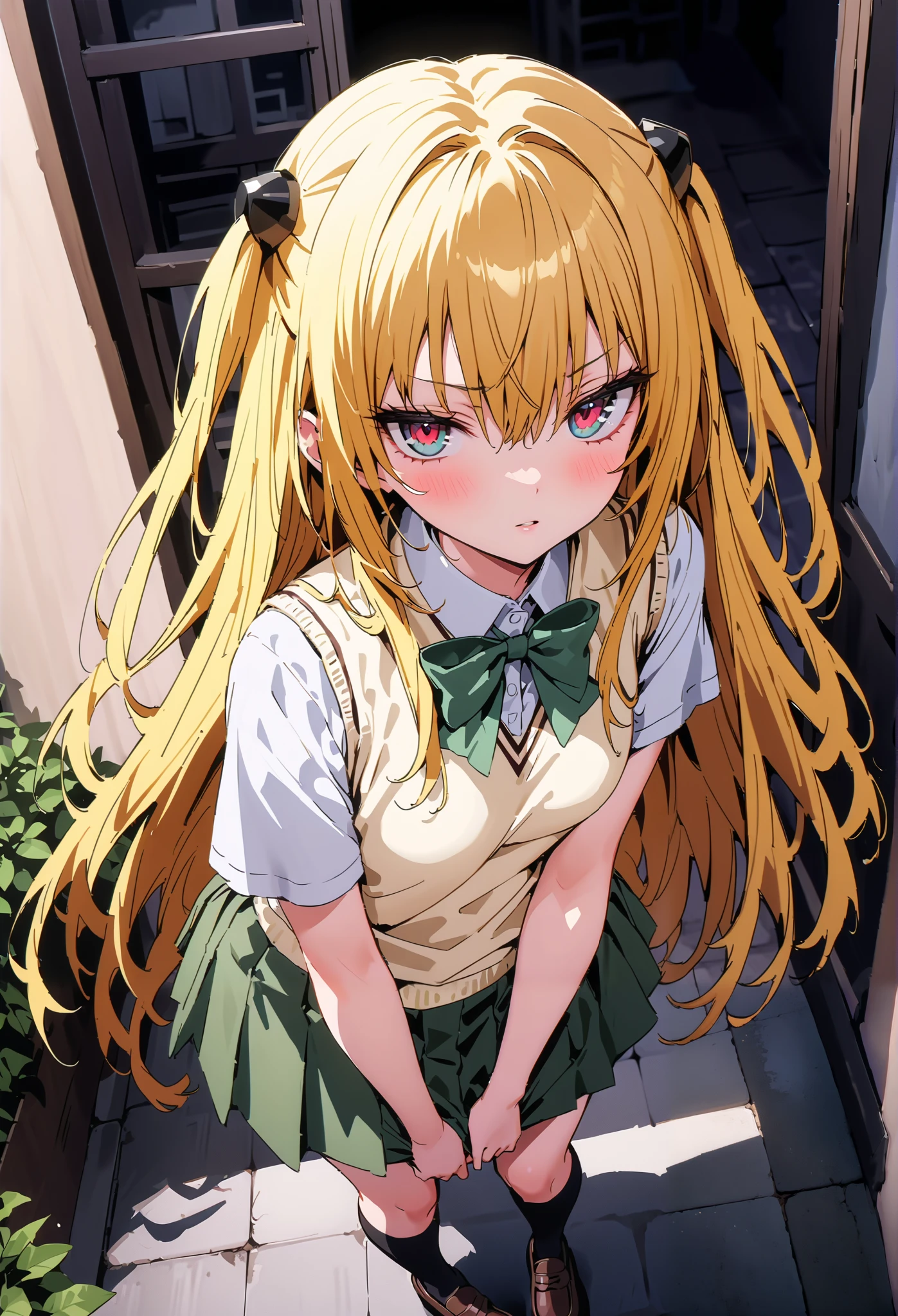  score_9,  score_8_up,  score_7_up,  source_anime,
toloverudarkness, darkness,   yellow hair  ,  long hair, red eyes, hair ornaments close to the garden, two side up,
Sainan school uniform,  shirt, white  shirt, bow, green bow,  skirt, green  skirt, pleated  skirt, short  skirt,sweater , light brown  sweater  vest, short sleeve,Black socks,loafers, skirtタグ, eyelashes  skirt tug, skirt,black string panties, Lift of the Wind , mad at my anal, teary eyes in the store,embarrassing,close your mouth, staring at you,angle from above,noon,full bodyがイラストに入るように,                                                              break outdoors, School building,
break looking at viewer,full body,
break (masterpiece:1.2),Highest quality , kampala, Unity 8K Wallpaper ,(shape:0.8),(  fine, beautiful eyes  :1.6),It's a person ,full body写真,CG Details , ( perfect hands, complete anatomy),