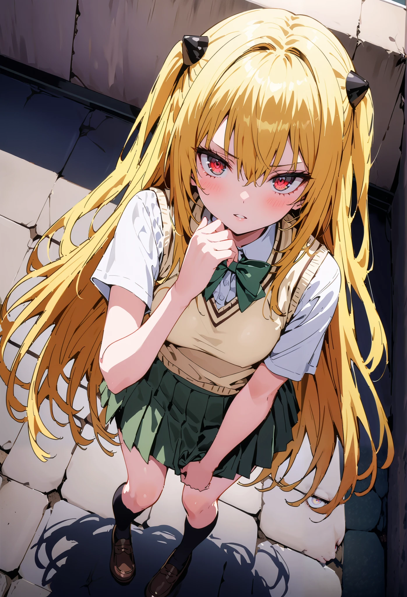 score_9, score_8_up, score_7_up, source_anime,
toloverudarkness, darkness, yellow hair , long hair, red eyes, hair ornaments close to the garden, two side up,
Sainan school uniform, shirt, white shirt, bow, green bow, skirt, green skirt, pleated skirt, short skirt,sweater , light brown sweater vest, short sleeve,Black socks,loafers, skirtタグ, eyelashes skirt tug, skirt,black string panties, Lift of the Wind , mad at my anal, teary eyes in the store,embarrassing,close your mouth, staring at you,angle from above,noon,full bodyがイラストに入るように, break outdoors, School building,
break looking at viewer,full body,
break (masterpiece:1.2),Highest quality , kampala, Unity 8K Wallpaper ,(shape:0.8),( fine, beautiful eyes :1.6),It's a person ,full body写真,CG Details , ( perfect hands, complete anatomy),