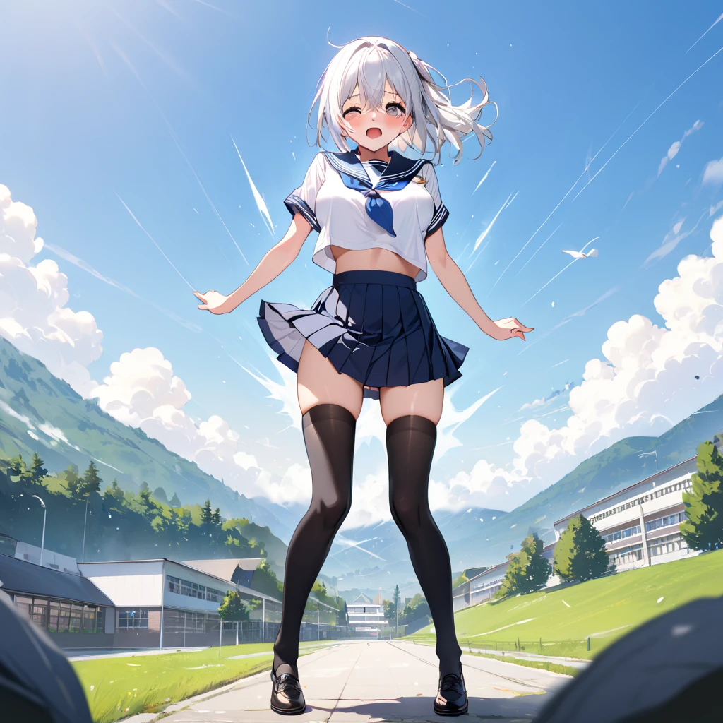 Youmu, sailor suit、pleated skirt、the skirt is fluttering in the wind 、smile,、standing with hands on hips、spread your legs wide、shot from below