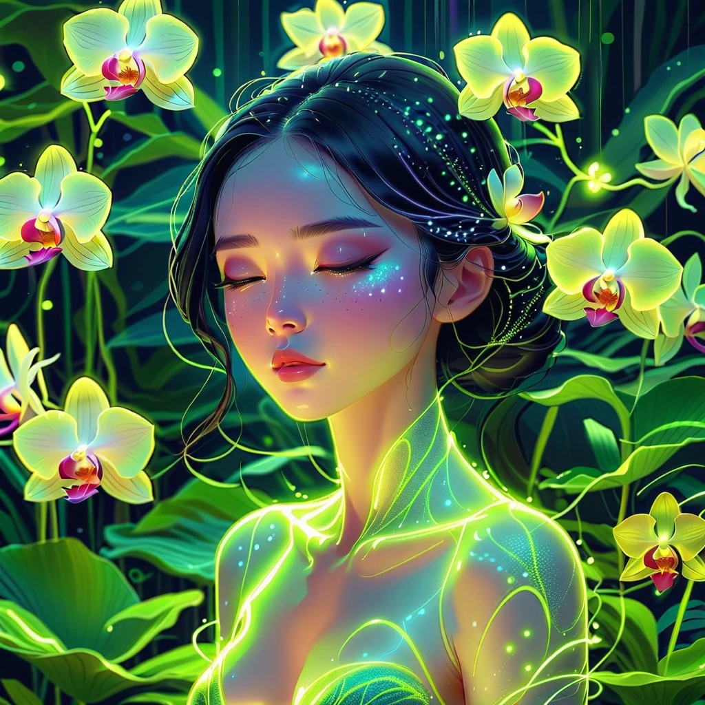 (Masterpiece, best quality:1.1), in digital art style, charming illustration,peaceful picture, in Orchid garden,lonely,Body Glow, luminous lines , fluorescent ,Glow example,Example tracking,long black hair flashing,Luminous particles,backlight, transparent ,light particles,accurate human anatomy,T logo, K 2 sides.