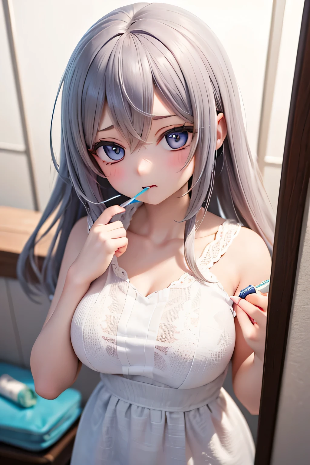 Highest quality、high resolution、(HD:1.4)、masterpiece、detailed background、age beauty、 huge breasts、(Highly detailed faces:1.3)、 detailed expressions 、(detailed eyes:1.3)、anatomically correct、(Normal number of fingers:1.4)、while the soft morning light shines in、
(A girl brushing her teeth while rubbing her eyes sleepily:1.5)、
Although she picks up her toothbrush、it looks fuzzy and takes a little time and effort to apply toothpaste、occasionally bites off a small yawn and stares blankly at her own face reflected in the mirror、the frothy toothpaste sticks to her mouth and doesn't notice it、the morning time slowly flows in the middle of the fluffy slumber、cute