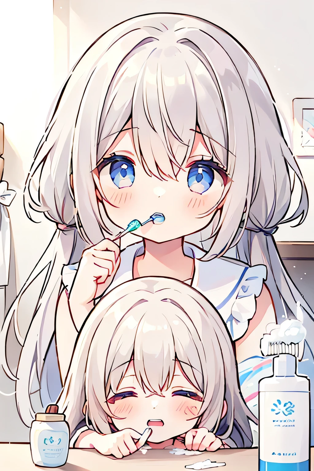 Highest quality、high resolution、(HD:1.4)、masterpiece、detailed background、age beauty、 huge breasts、(Highly detailed faces:1.3)、 detailed expressions 、(detailed eyes:1.3)、anatomically correct、(Normal number of fingers:1.4)、while the soft morning light shines in、
(A girl brushing her teeth while rubbing her eyes sleepily:1.5)、
Although she picks up her toothbrush、it looks fuzzy and takes a little time and effort to apply toothpaste、occasionally bites off a small yawn and stares blankly at her own face reflected in the mirror、the frothy toothpaste sticks to her mouth and doesn't notice it、the morning time slowly flows in the middle of the fluffy slumber、cute