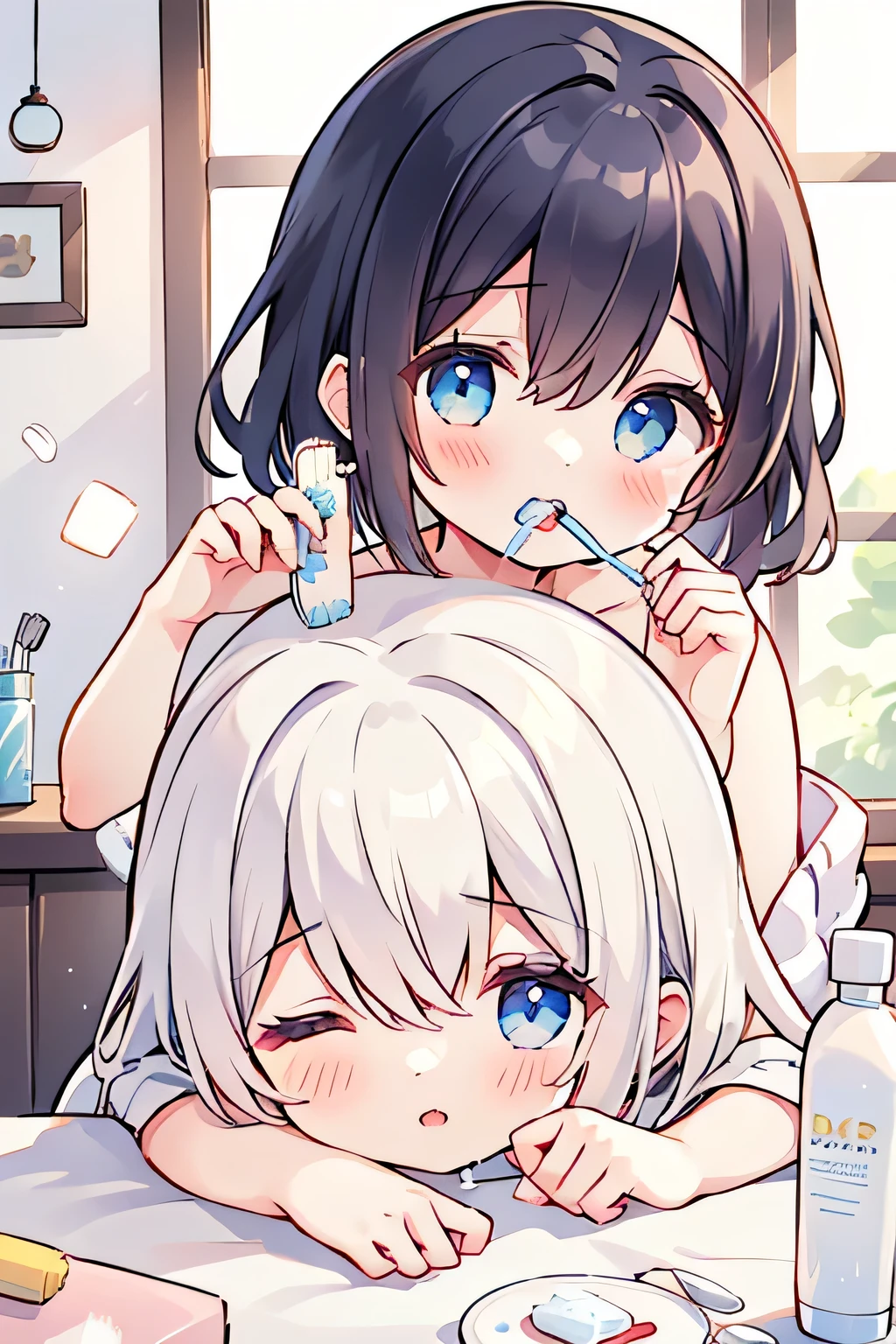 Highest quality、high resolution、(HD:1.4)、masterpiece、detailed background、age beauty、 huge breasts、(Highly detailed faces:1.3)、 detailed expressions 、(detailed eyes:1.3)、anatomically correct、(Normal number of fingers:1.4)、while the soft morning light shines in、

(A girl brushing her teeth while rubbing her eyes sleepily:1.5)、

Although she picks up her toothbrush、it looks fuzzy and takes a little time and effort to apply toothpaste、occasionally bites off a small yawn and stares blankly at her own face reflected in the mirror、the frothy toothpaste sticks to her mouth and doesn't notice it、the morning time slowly flows in the middle of the fluffy slumber、cute