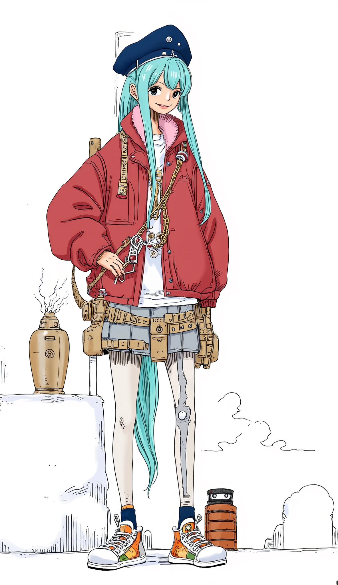 girl、background is stark white、on3pi3c3styl3、ground、pastel collar、(biologically correct human body structure:1.6)、 detailed hands、 Details、Perfect piece、high quality、32K、Alone、 alone、Semi-realistic、 perfect eyes、detailed eyes、 beautiful face、detailed faces、( full shot without being short:1.6)、Big Breasts、cartoon dress character design、(perfect face:1.6)、Beauty、 detailed illustrations 、Fine Lines、 nice smile、shame、Portrait Photography、cool beauty、((AQUA blue)hair、ponytail、long hair、(RED) jacket、(white) shirt、 chain necklace、(gray)tight skirt with juniors、Sneakers、(blue) beret、Equipped with a rocket launcher)、 location＝Secret Base