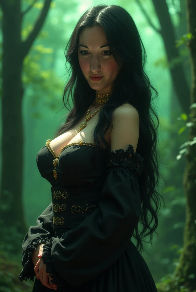portrait of a beautiful woman, 15 years old. Of the Skin extremely white porcelain, Spanish, long on the shoulders black and smooth, fringe of Amazonian India, crown of princess, western eyes all black, color all black, eyebrow very thick, striking look very black, rounded face, ((big cheeks)), sitting on a throne of Viking royalty, with a red dress of period in the middle ages, in an area where it has a Gothic church,  hell and graveyard expensive would be (backlit), realistic, masterpiece, high quality, brightness, shadow, flower, gothic, [[chromatic aberration]], by Jeremy Lipking, by Antonio J. Manzanedo, digital painting, Spanish, 8k uhd,, forest, stones on the bank, river, wood, smoke, shadows, contrast, dark sky, style , (warm hue, warm tone