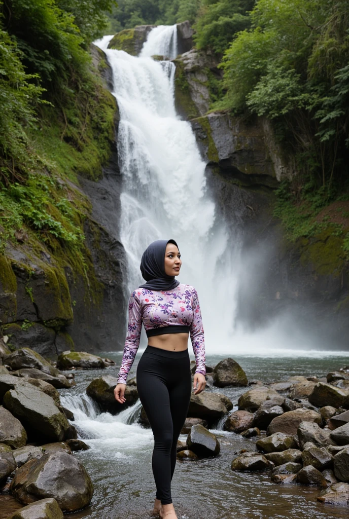((best quality)), ((masterpiece)), (detailed), hijab. Wear tight pant . Sexy pose at waterfall. Prone half body look a Front 