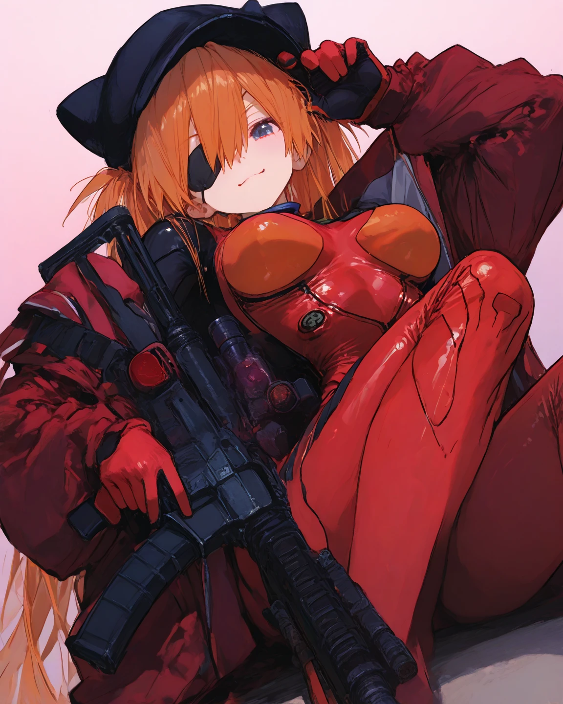 ultra-detailed, ????????, Beautiful body, Beautiful Nose, Beautiful character design, perfect eyes, perfect face, ultra highres, 4K, beautiful legs, perfect legs, Nice hands, Perfect hand, Masterpiece, Best Quality, Highly detailed, illustration, absurdres, street fighter, doll suit, shadaloo doll, dollsuit, expressionless, blank eyes, looking at viewer, red gloves, emotionless, black latex, corrution, mind control, female combatant, full body, hypnotized, unhappy trance, full body suit, ribbed bodysuit, both arms at side, obey, perfect female body, extremely glossy latex, hypnosis, hypnoLora, empty eyes, Mind control device, poses, submissive_pose, Slave, hat, necktie, stand up straight, standing, standing at attention, hat, necktie, belt, latex, ribbed bodysuit, thighhighs, garter belt, Fighting Stance, extending the right arm from the shoulder into the air with a straightened hand, ???? saluting, military, military saluting, salute, thigh boots, 1girl, Natsukawa Aika, orange hair, green eyes, long hair