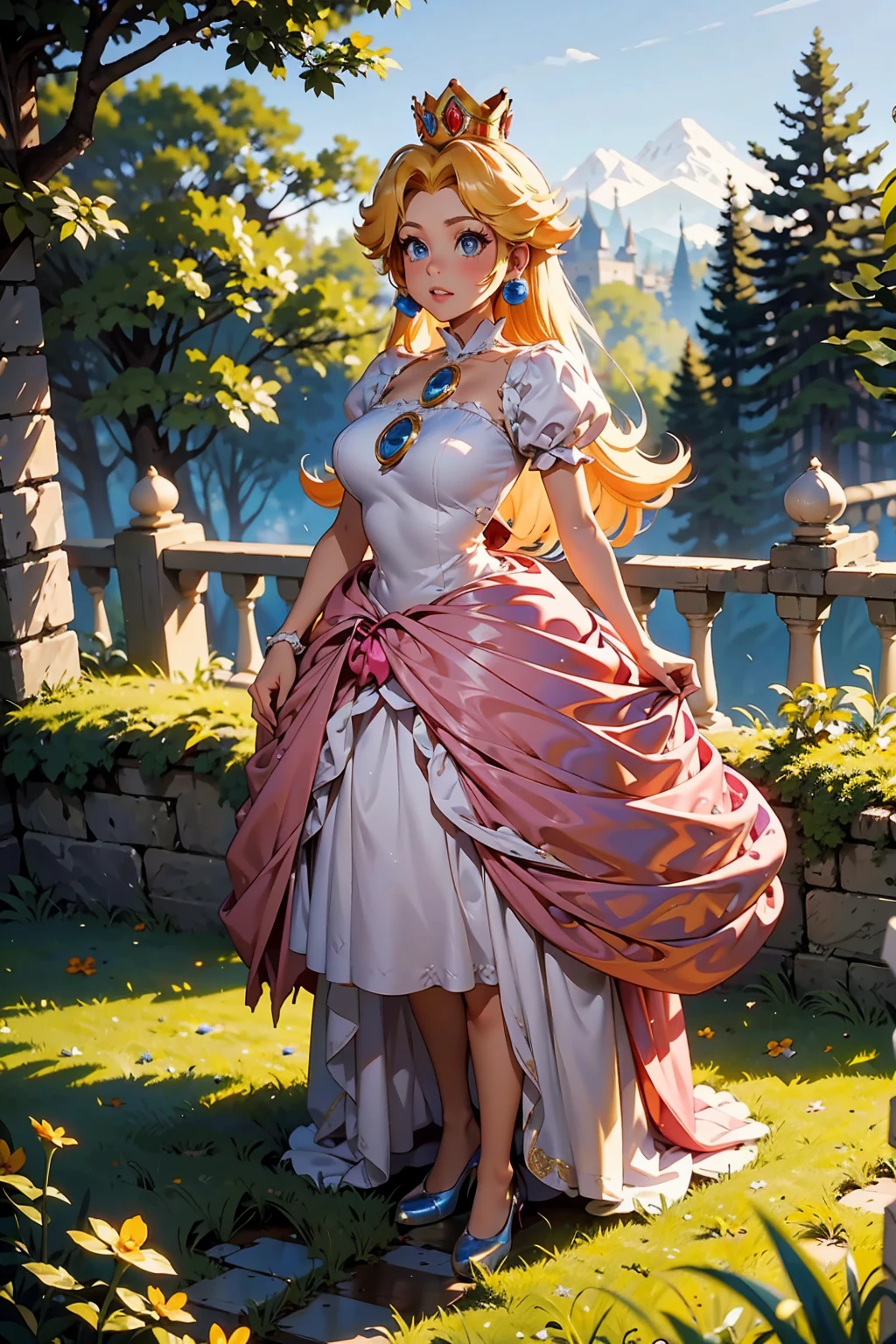 8k, high resolution, 最high resolution, masterpiece, Long Hair, 1 person, 1 woman, Princess Peach, Peach, No background, White background, Dynamic Background, Long Hair, bangs, Wavy Hair, Blonde, Blonde Hair, crown, tiara, Pearl Earrings, Earrings, Pearl Earrings, Pearl Pendant, Pearl Necklace, Long gloves, Long gloves, (Pink Dress:1.2), High heels, Big Breasts, valley, From above, looking at the camera, Cowboy Shot, Join hands, Embarrassed face