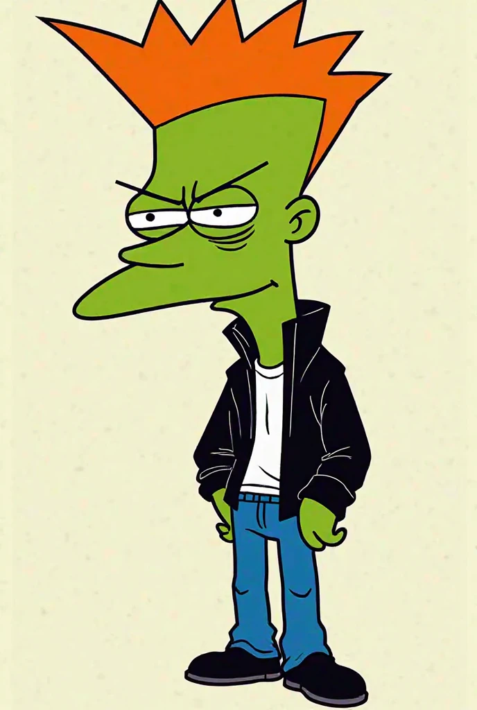 Roger Klotz-He is a bully from Doug with pointy orange mowhawk,black eyebrows,dot eyes,pointy hair on the side of his head and bright moss green skin
He wears black jacket with white shirt,blue pants and black shoes.