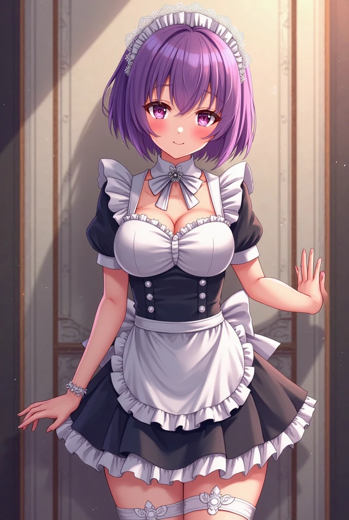 (masterpiece),Best Quality, a 45 yo woman, bokeh dof, glossy blue eyes, (dark skin:2) ,(Maid clothes:1.5), 1girl , indoor,mansion, Look at viewers, princess cut, cowboy shot, (outer dark brown colored hair, inner bright purple colored hair:1.75),
