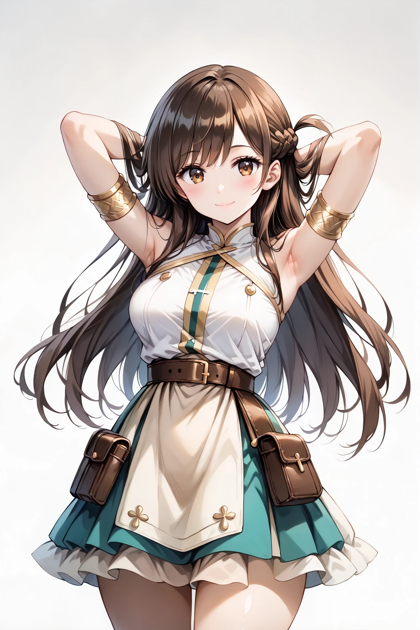 score_9, score_8_up, score_7_up, source_anime, 4K,perfect fingers,(perfect hands, perfect anatomy),prefect lighting, very aesthetic, intricate details,highly detailed background, masterpiece, high quality, best quality,
1girl,solo,chizuruichinose, chizuru ichinose, long hair, bangs, brown hair, brown eyes, one side up, ,large breast,
wearing ((sleeveless off-white top with a gold neckline and a teal-colored,short,flowing dress or tunic, The dress has gold trim and a geometric pattern along the hemline, Brown straps cross her waist, She has gold arm bands on her forearms and wears white or light-colored, sheer sleeves under her arms, A small dark brown pouch or satchel is attached to her belt, )),,
((White plain background:1.5)) , looking at viewer, smile,((hands behind head:1.5)), (perfect hands, perfect anatomy),filed, high thigh individual , fullbody,Stand up,((front look:1.5)),