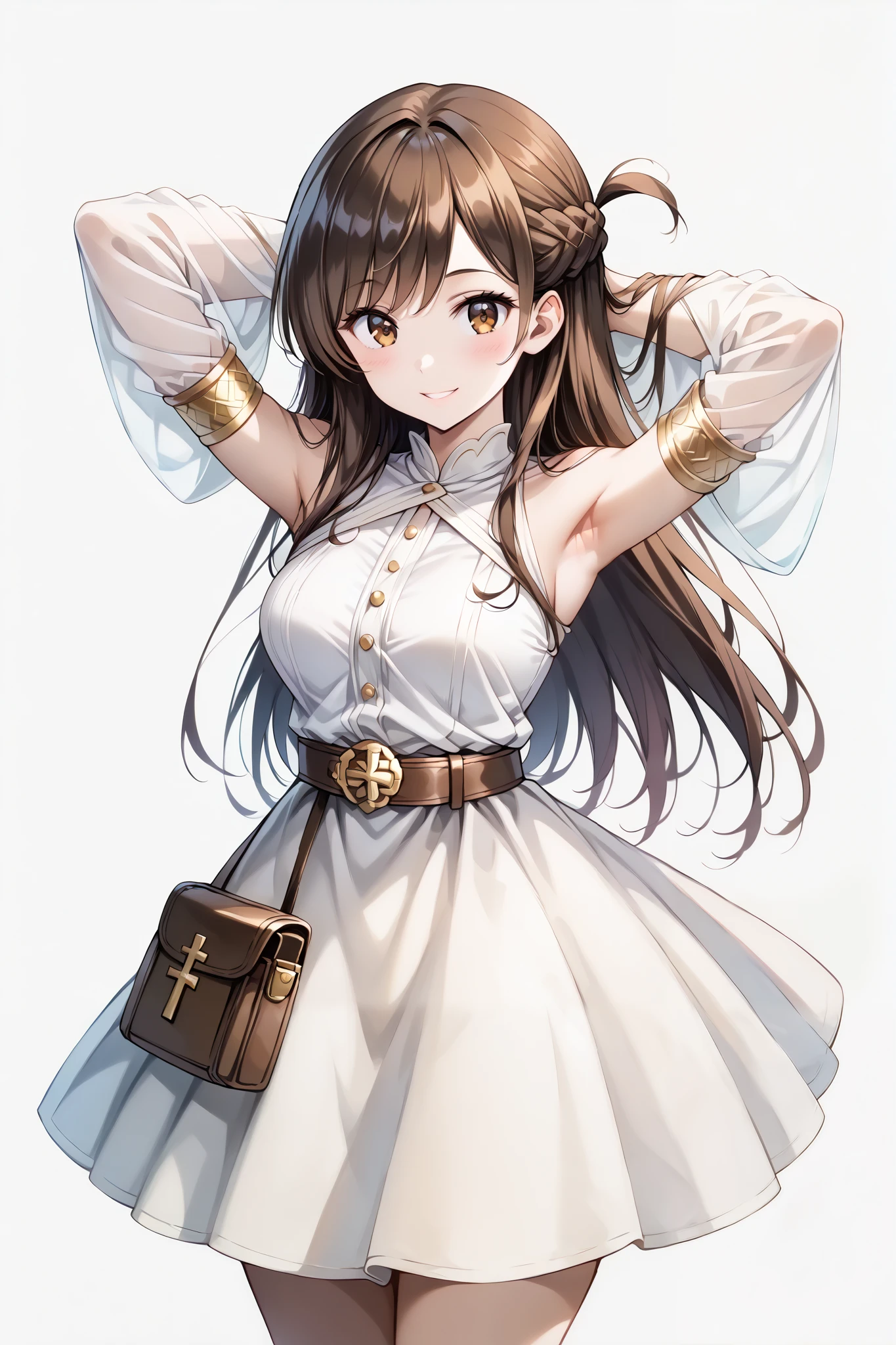 score_9, score_8_up, score_7_up, source_anime, 4K,perfect fingers,(perfect hands, perfect anatomy),prefect lighting, very aesthetic, intricate details,highly detailed background, masterpiece, high quality, best quality,
1girl,solo,chizuruichinose, chizuru ichinose, long hair, bangs, brown hair, brown eyes, one side up, ,large breast,
wearing ((sleeveless off-white top with a gold neckline and a teal-colored,short,flowing dress or tunic, The dress has gold trim and a geometric pattern along the hemline, Brown straps cross her waist, She has gold arm bands on her forearms and wears white or light-colored, sheer sleeves under her arms, A small dark brown pouch or satchel is attached to her belt, )),,
((White plain background:1.5)) , looking at viewer, smile,((hands behind head:1.5)), (perfect hands, perfect anatomy),filed, high thigh individual , fullbody,Stand up,((front look:1.5)),
