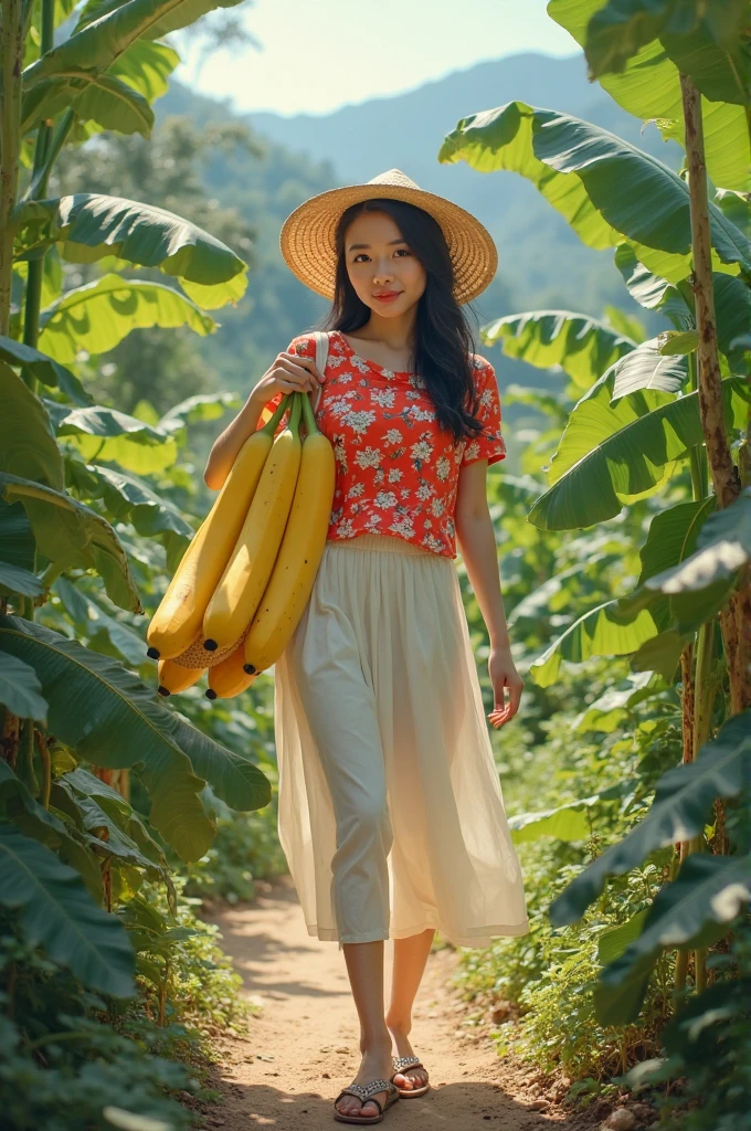 Beautiful Asian girl wearing white skirt patterned red floral t-shirt using bamboo woven hat using flip flops while carrying big banana size head to toe in yellow looking real while very sweet looking camera from the ground behind chili trees from the mountain looking far away and banana trees there are footpaths