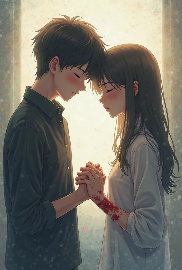 After the fight with the children, the boy's nose is bleeding. Beloved daughter is standing next to her with her handkerchief