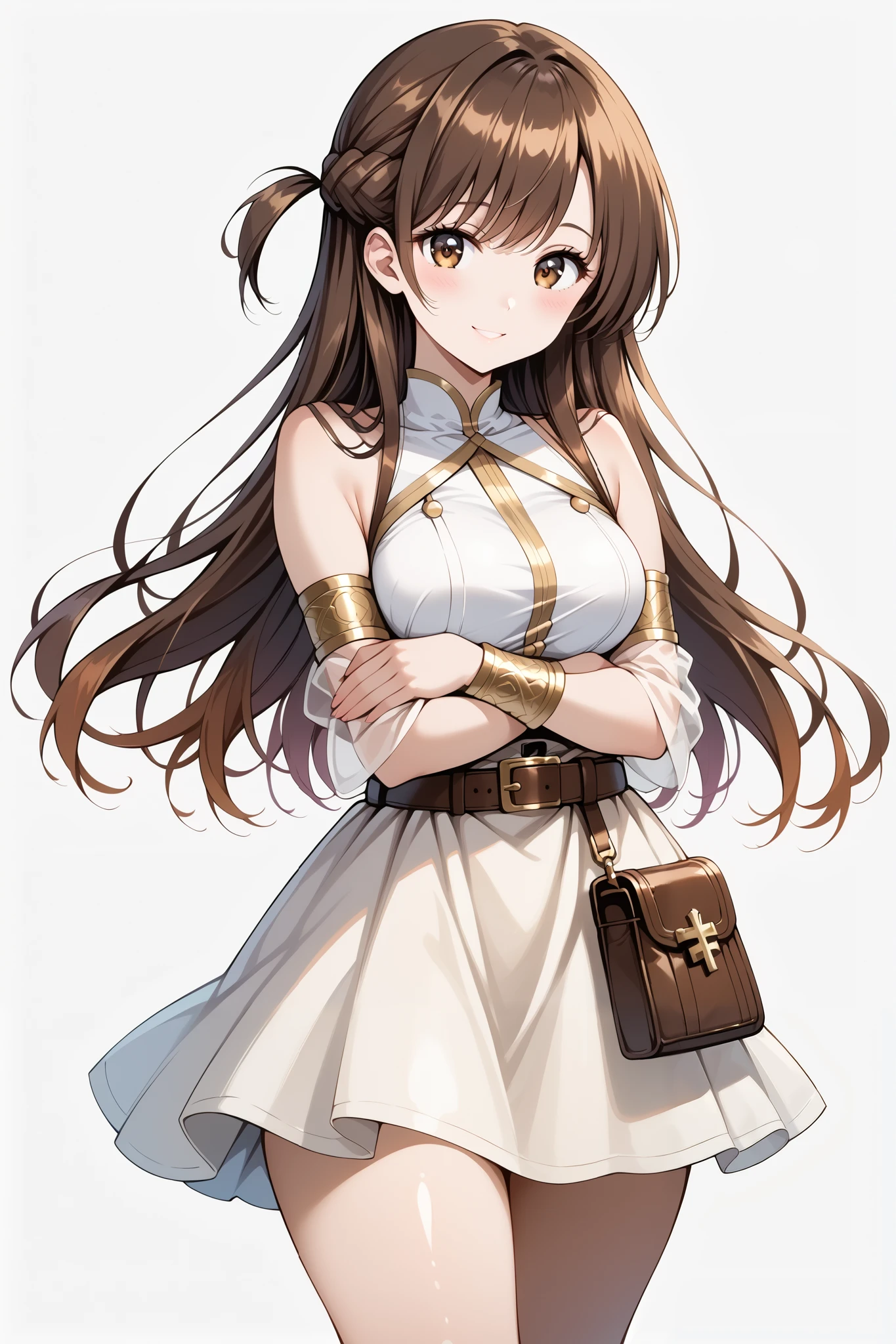 score_9, score_8_up, score_7_up, source_anime, 4K,perfect fingers,(perfect hands, perfect anatomy),prefect lighting, very aesthetic, intricate details,highly detailed background, masterpiece, high quality, best quality,
1girl,solo,chizuruichinose, chizuru ichinose, long hair, bangs, brown hair, brown eyes, one side up, ,large breast,
wearing ((sleeveless off-white top with a gold neckline and a teal-colored,short,flowing dress or tunic, The dress has gold trim and a geometric pattern along the hemline, Brown straps cross her waist, She has gold arm bands on her forearms and wears white or light-colored, sheer sleeves under her arms, A small dark brown pouch or satchel is attached to her belt, )),,
((White plain background:1.5)) , looking at viewer, smile,(perfect hands, perfect anatomy),filed, high thigh individual , fullbody,Stand up,((front look:1.5)),