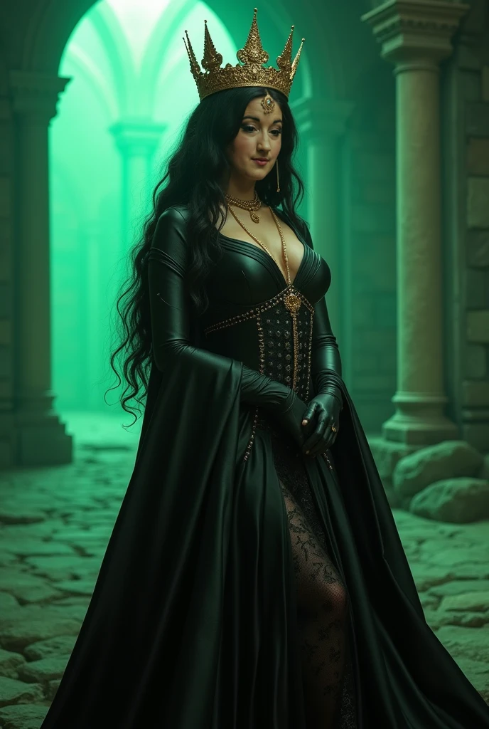 mature woman with dark hair, fair skin, black medieval clothing, curvy body, alone, one woman