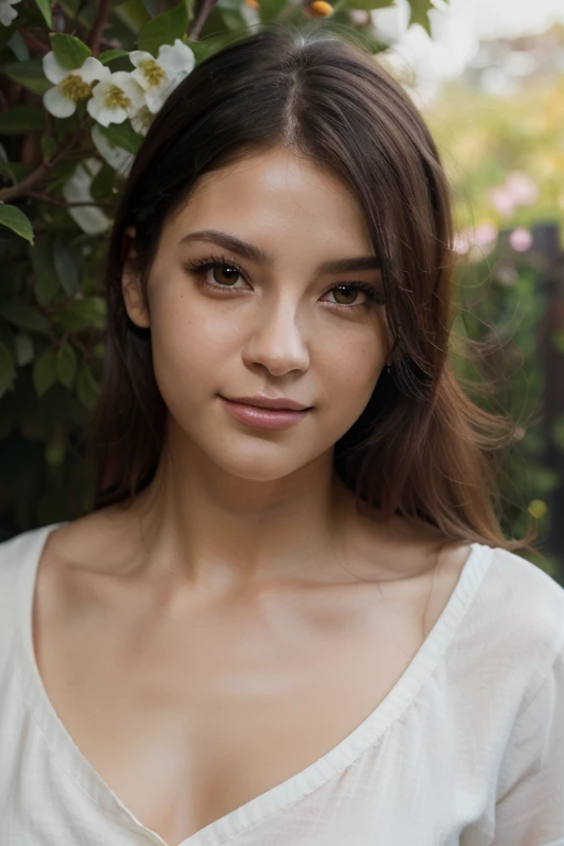 a cute young latin woman, beautiful detailed eyes, beautiful detailed lips, extremely detailed face and skin, long eyelashes, wavy dark hair, soft smile, outdoor garden setting, natural lighting, intricate details, cinematic lighting, warm color palette, highly detailed, 8k, photorealistic, masterpiece