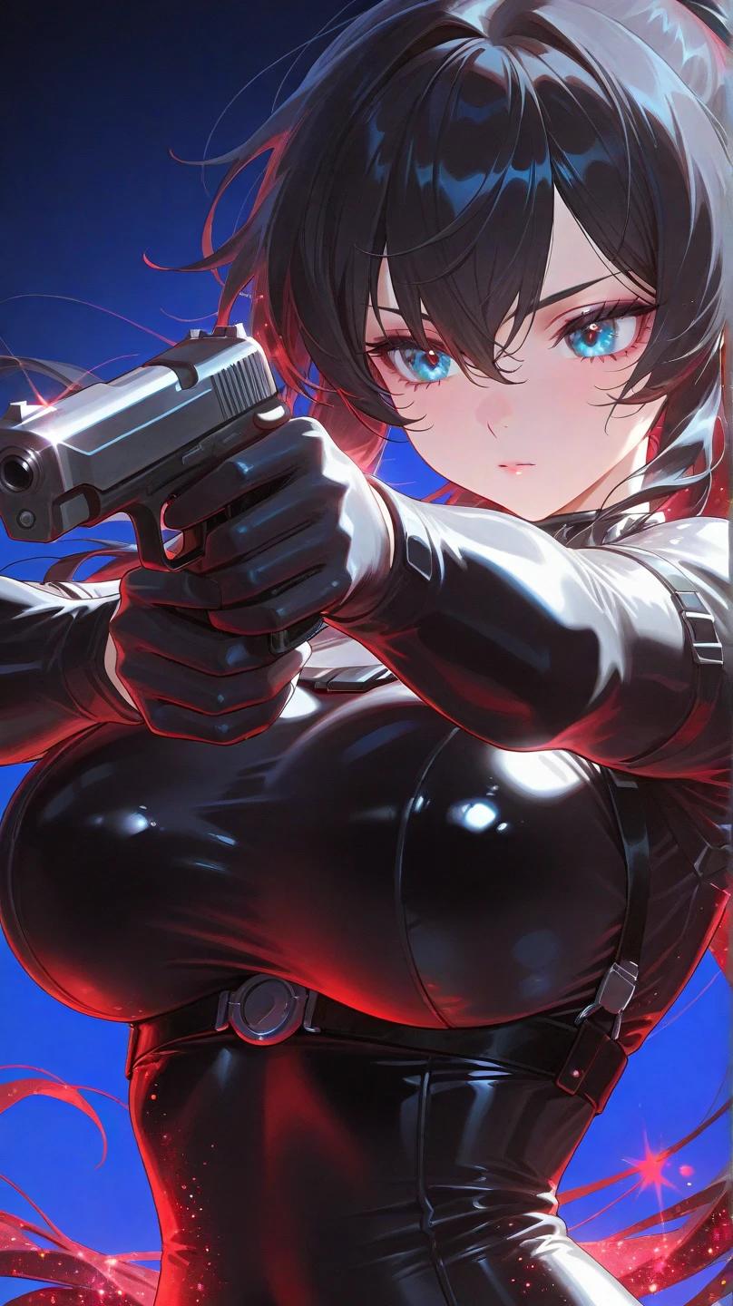  thick hips,  thick thighs, platform heels, high cut leotard, huge breast, thin waist, bob cut hair, weapon, tanned skin, gun, angry look,  scream, thick body, tight stockings, beret, cleavage,
