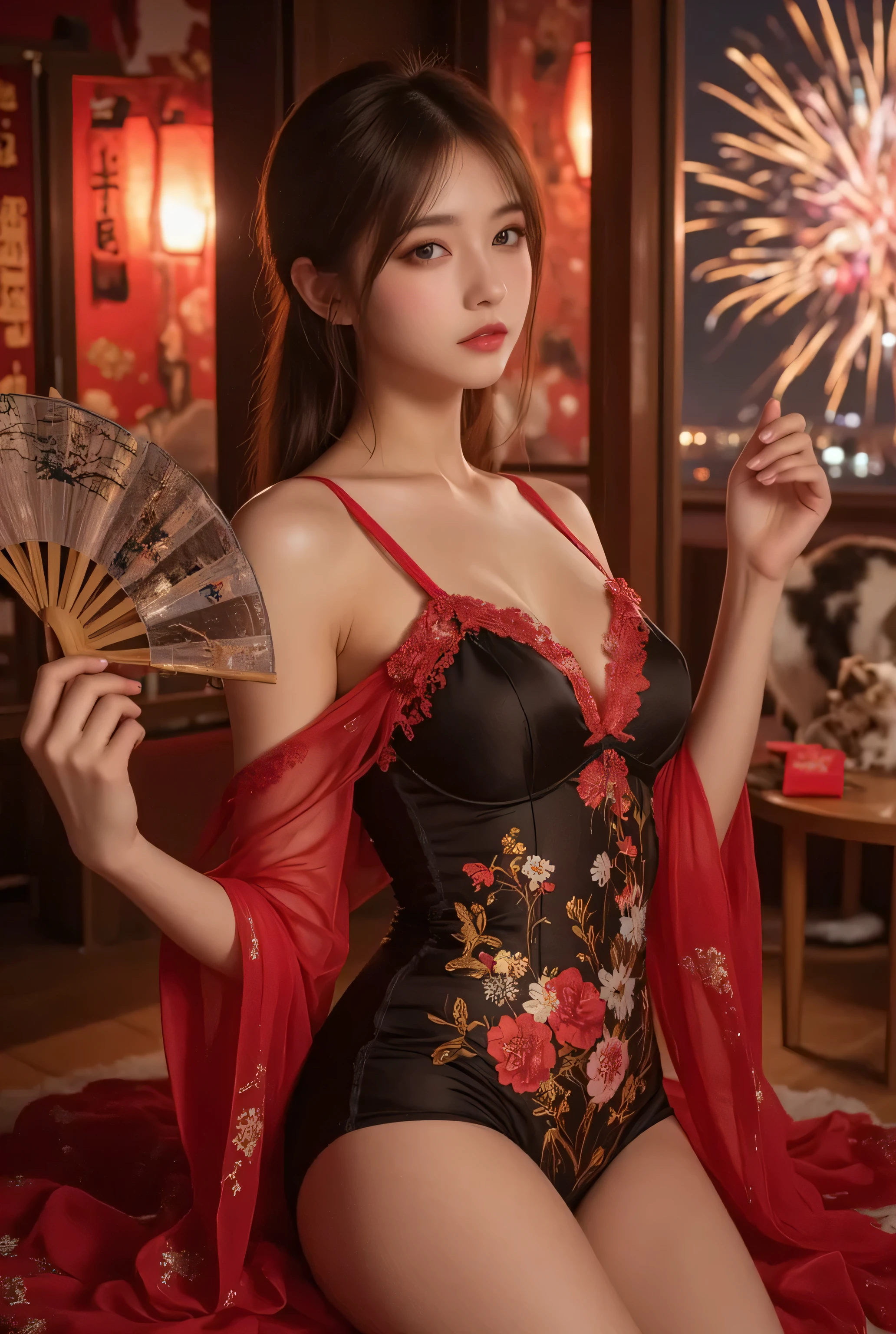 Cat ears、 face up, attractive, pretty girl, ponytail、 (( fine facial features , eroticism)), dramatic lighting , realistic , 8k, Dramatic Shadows , intricate and elaborate patterns , super detailed photo , chiaroscuro lighting , Pleasant colors , deep contrast , super real 、 pink lipstick、 warm room、Vintage Fireplace 、 cinematic composition、Close-up of face, pretty half part transparent open shoulder loose outfits dress, tang style, A beautiful Korean idol wearing a one piece red- black tightly cheongsam with phoenix and intricate floral golden embroidery, golden and silver outline on dress, hand hold pink feathers transparent Chinese fan with golden ink painting of bird and tree , standing gracefully in a room filled with traditional Chinese New Year decorations. The room features vibrant red lanterns, decorative calligraphy scrolls, a small Chinese orange tree with golden ornaments, and several red envelopes scattered across the floor and hanging from the tree. Adorable, playful cats are part of the scene—some sitting near the tree, others curiously pawing at the red envelopes or lounging around. Through a window or an open door in the background, vibrant Chinese fireworks light up the night sky in an array of reds, golds, and blues, casting a magical glow into the room. The idol’s outfit is paired with subtle accessories like red hairpins or earrings, complementing the festive look. The atmosphere is warm and lively, filled with the joyful essence of the celebration, enhanced by the shimmering lights of the fireworks and the lively decor.