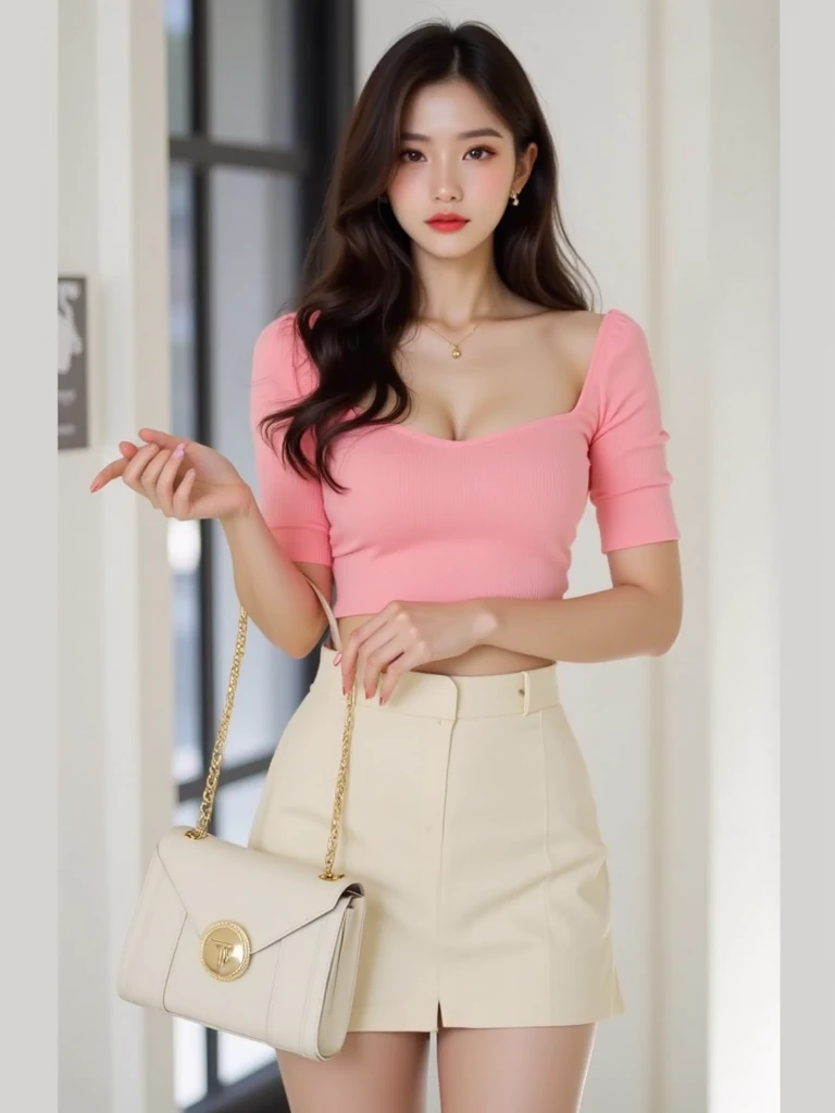 ((Medium Shot, Realistic Cinematic, 4K High Resolution))
A confident Thai woman, 26 to 28 years old, stands alluringly in front of a sleek office building at night. Her sharp, well-defined features—high cheekbones, a softly sculpted jawline, and full, naturally pink lips—exude mature elegance and undeniable charm. Her large, golden-brown eyes, framed by dark lashes, captivate with a deep, intense gaze, while her flawless, fair skin glows under the ambient city lights, enhancing her sultry presence.
Her long, jet-black hair, with a faint violet sheen, cascades smoothly down her back, catching the light with its silky texture. A few loose strands frame her face, adding softness to her confident and alluring appearance.
She wears a lime green outfit, which highlights her voluptuous, curvaceous figure. Her stance, with one hand resting on her hip, emphasizes the fullness of her hips and chest, exuding sensuality and allure.
The modern office building behind her reflects the shimmering city lights, creating a striking contrast between the urban backdrop and her captivating presence. Her poise, confidence, and sensual charm are undeniable, as the warm glow of the city enhances the sultry atmosphere around her.