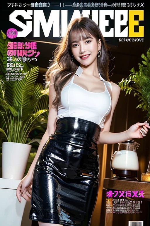 Top quality, 8K, Realistic, raw photo, Young cute, sexy girl drinking and laughing with big mouth open in a nightclub full of young female customers, dressed like a revealing punk rocker, wearing a silver leather jacket, tattoos on neck and shoulders, big, lots of high-end looking liquor bottles of various brands on the shelves