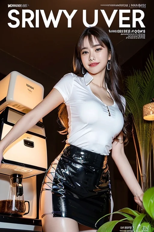 (((Very sharp resolution)))，(((top quality)))，cool girl，Ear studs，clear eyes，beautiful face，shine on lips，(((Glows on face and skin))), perfect body, perfect face，White skin，perfect breasts，big bust，shapely legs，pantyhose，Grey Office Mini Skirt，high heel，(((:1.5))), (((distance:1.5)))